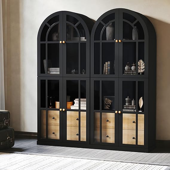 Arched Glass Door Cabinet with Drawers and Shelves