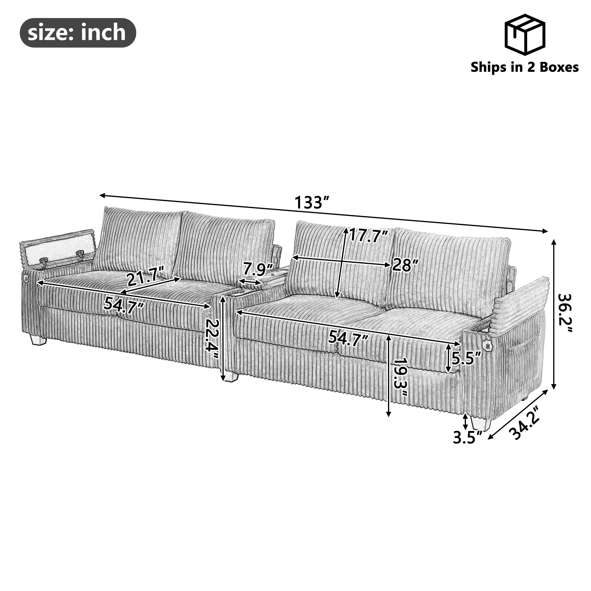 4-Seater Corduroy Sofa with USB Ports and Storage