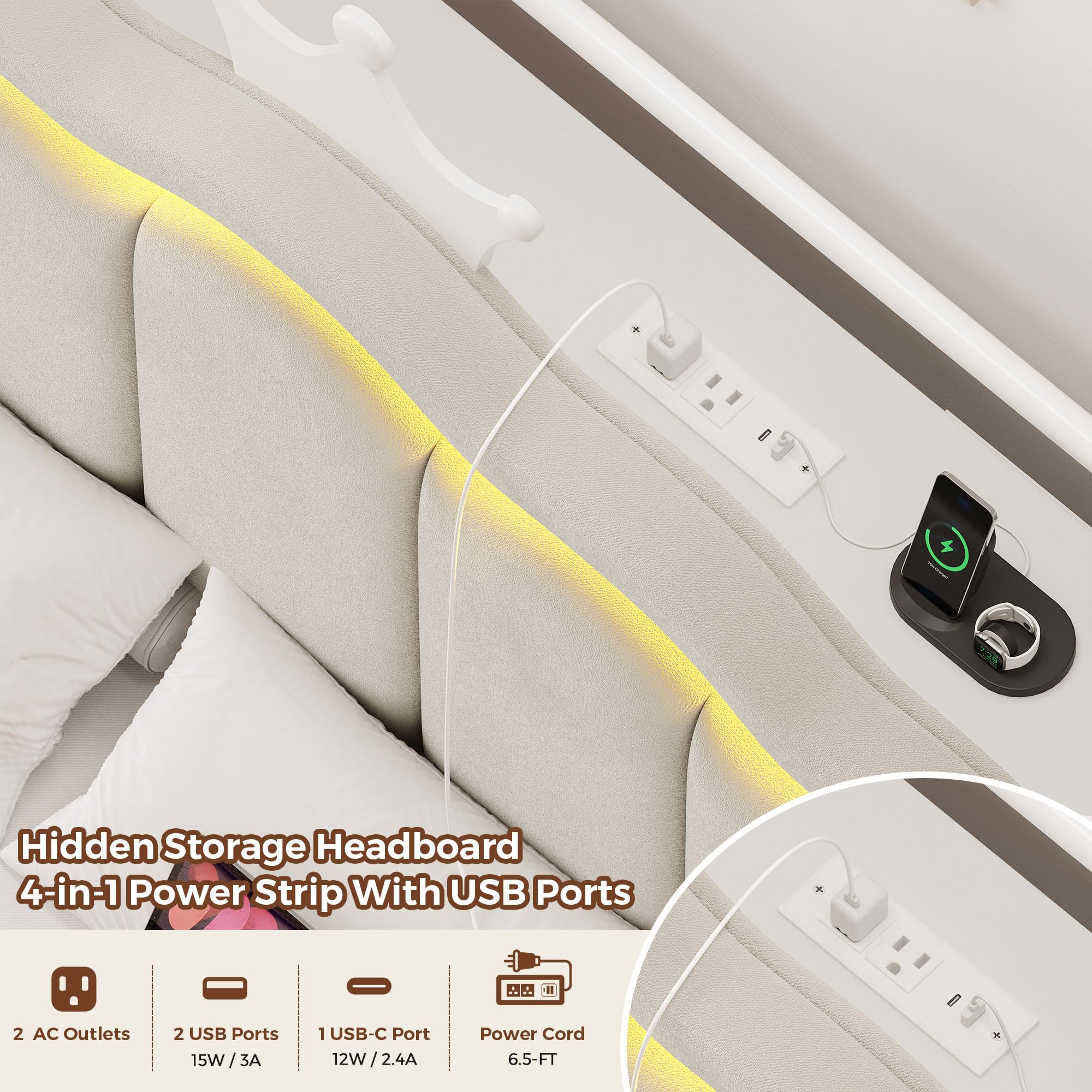 Full Velvet Upholstered LED Canopy Bed Frame with 2 Storage Drawers and Charging Station, Crown Headboard with Bookshelf, Two-Use Princess Platform Bed with 4 Removable Posts,Metal Slats Support-Beige