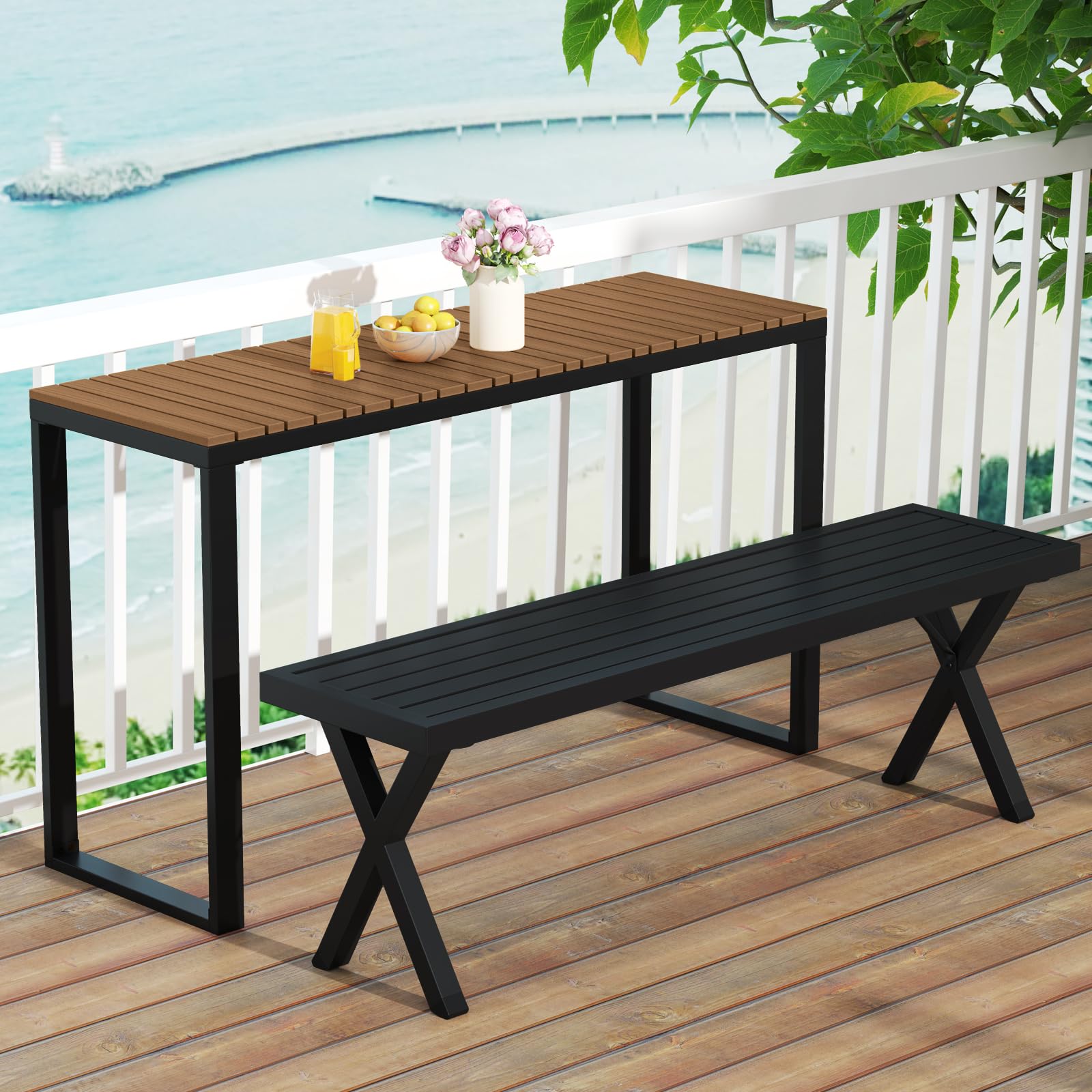 Outdoor Rectangle Console Table with Metal Frame