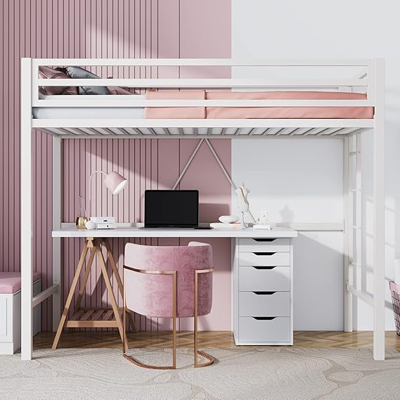Twin Loft Bed with Ladder and Guardrail - Black Metal Frame