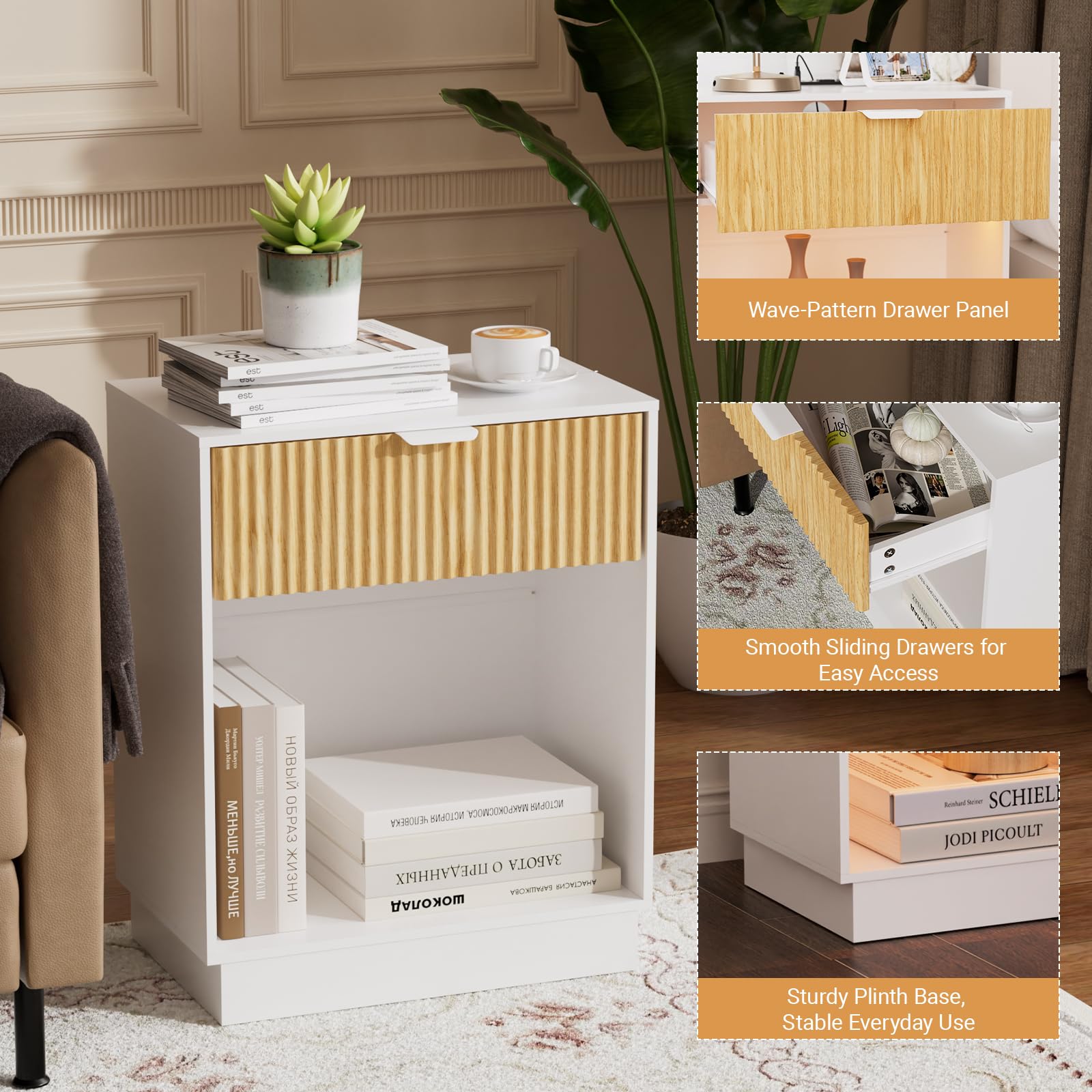 Fluted Nightstands Set of 2 with Charging Station and LED Lights