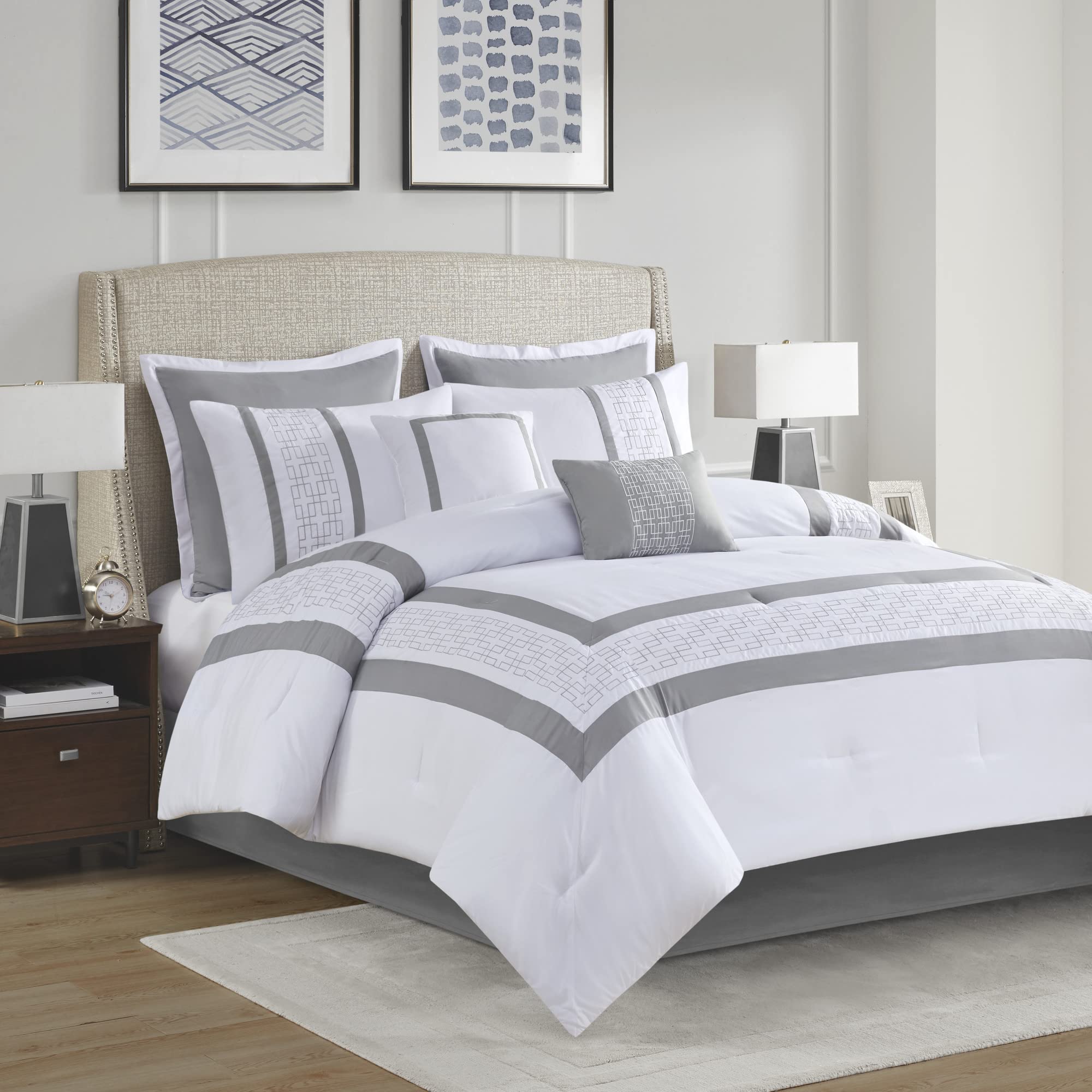 510 DESIGN Powell Cozy Comforter Set, Hotel Style Border Design with Geometric Embroidery Details, All Season Bedding with Matching Sham, Decorative Pillow, Bedskirt, Queen(90"x90"), White 8 Piece