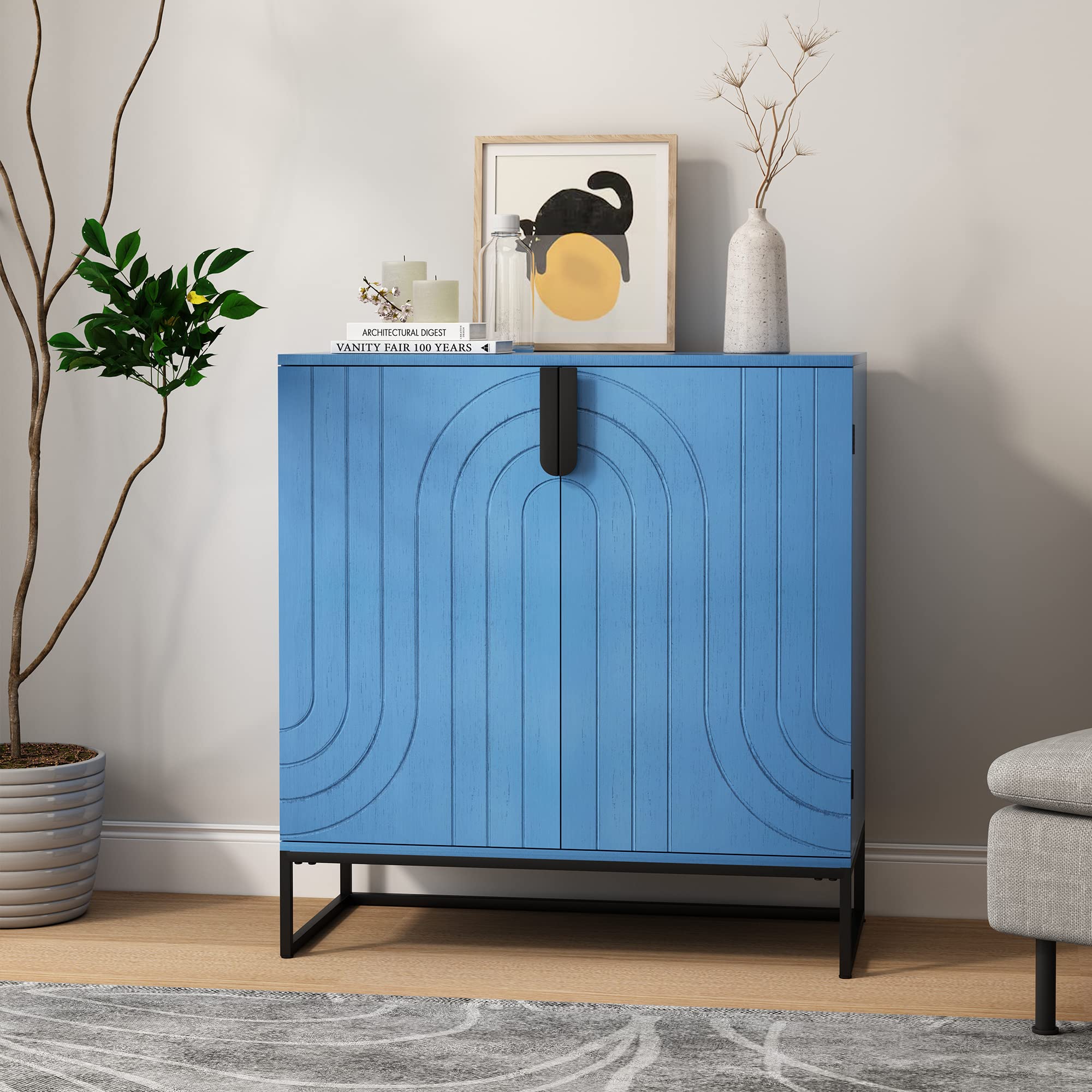 HLR Accent Wood Grain Cabinet with 2 Doors, Storage Cabinet Sideboard with Black Metal Legs for Living Room,Entryway and Kitchen Dining Room, Antique Blue