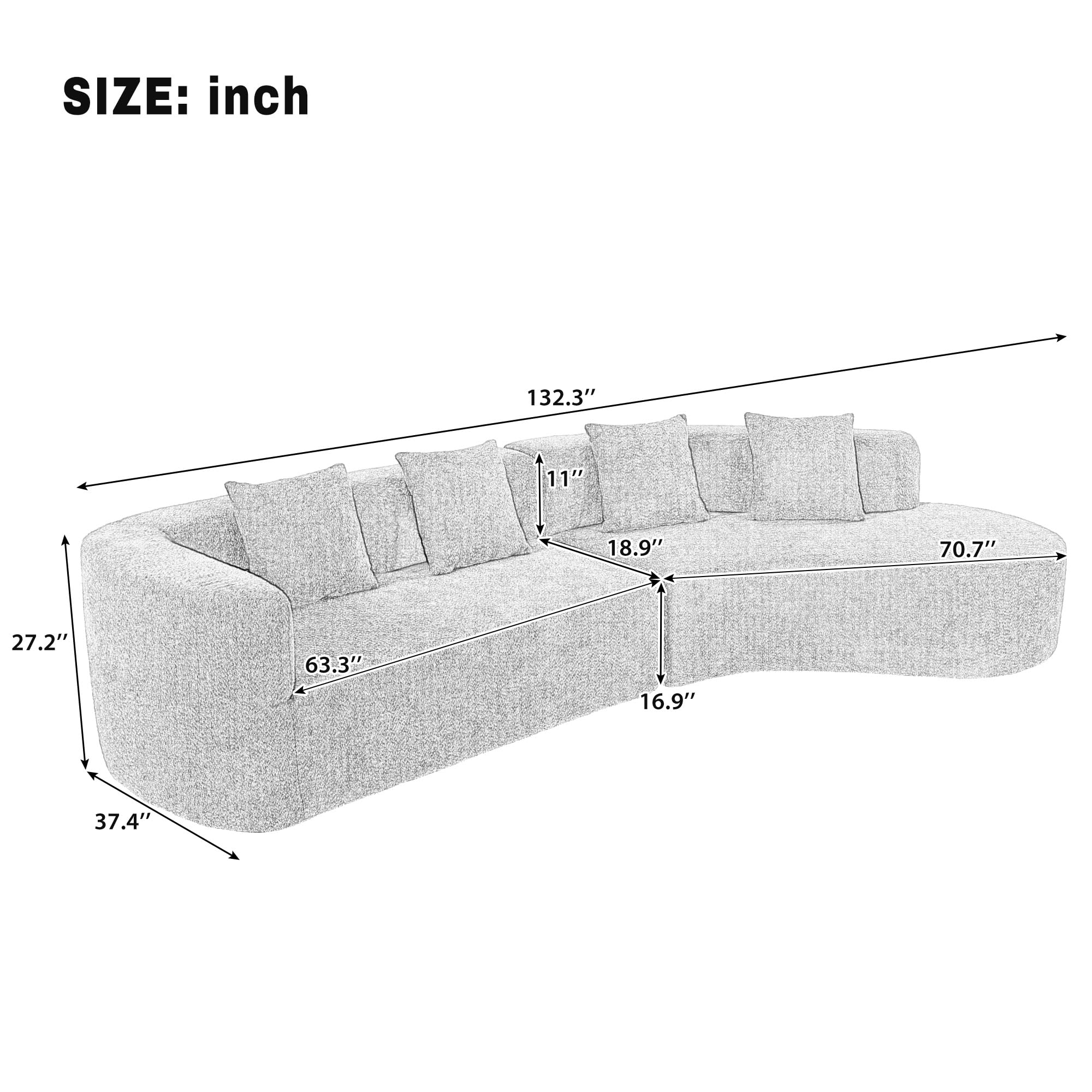 Large 2-Piece Curved Chenille Sectional Sofa with Pillows