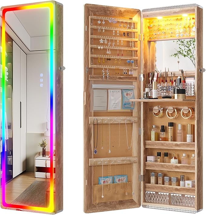 47.2" LED Wall Mounted Jewelry Cabinet with Full Length Mirror