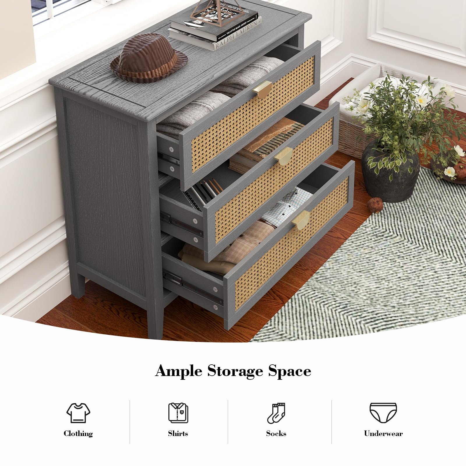Rattan 3 Drawer Dresser with Storage Cabinet