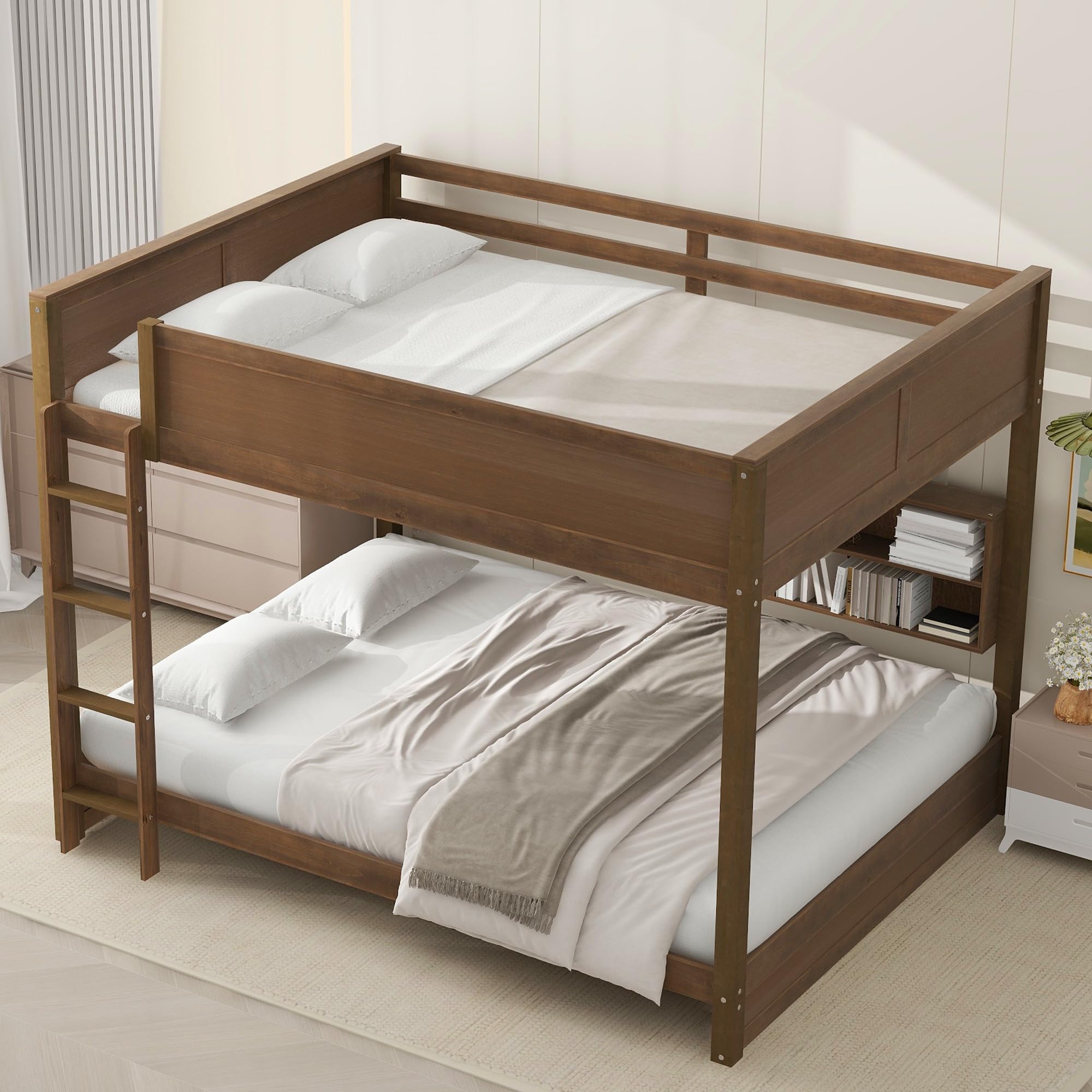 Queen Over Queen Bunk Bed with Storage Cabinets and USB Ports