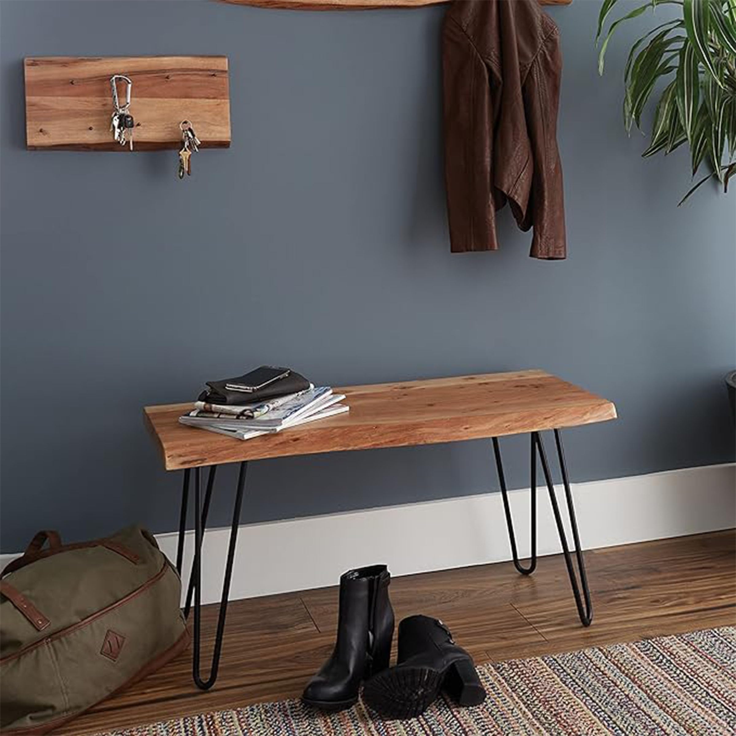 Live Edge Solid Wood Bench with Metal Hairpin Legs 36 Inch