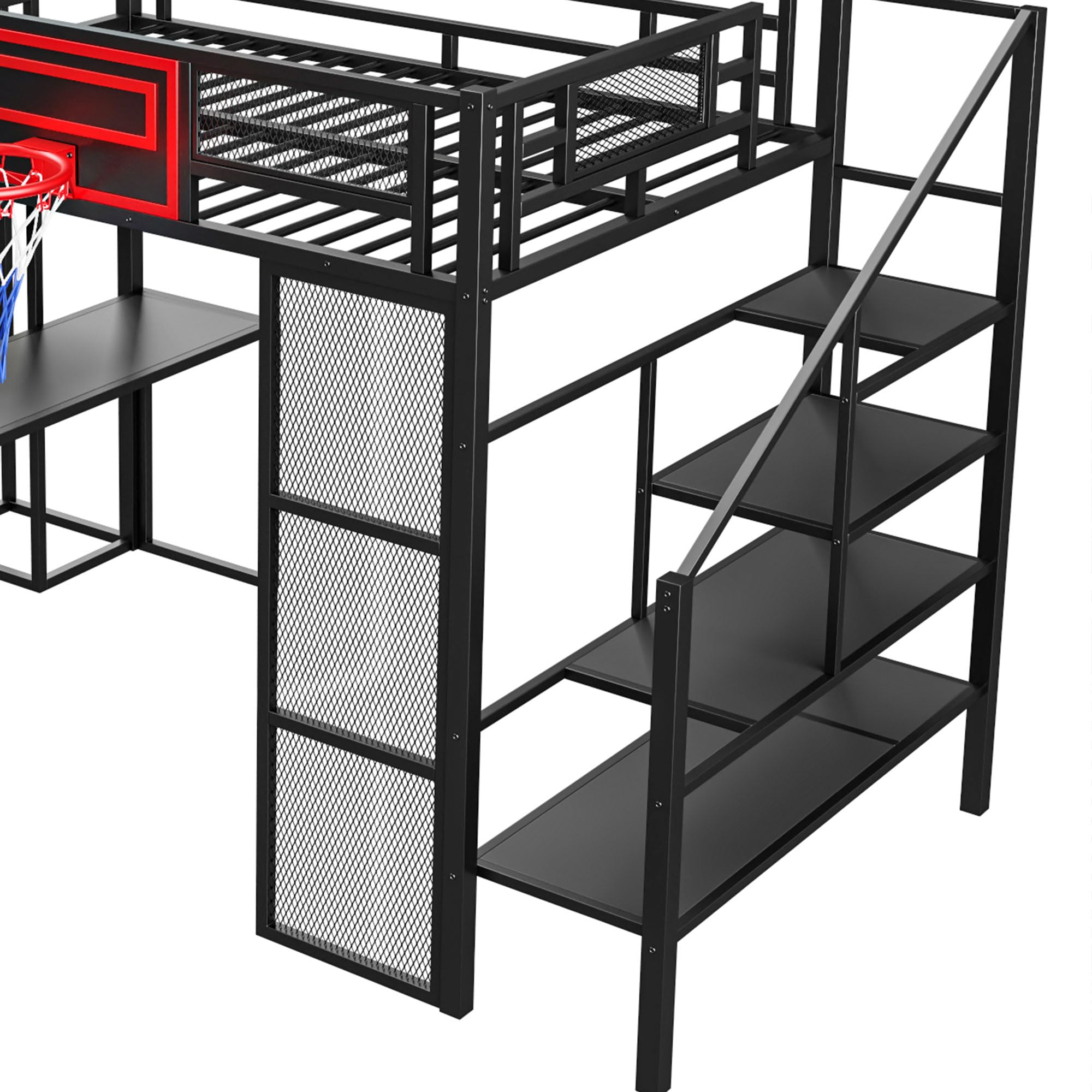 Full Size Metal Loft Bed with Slide and Staircase