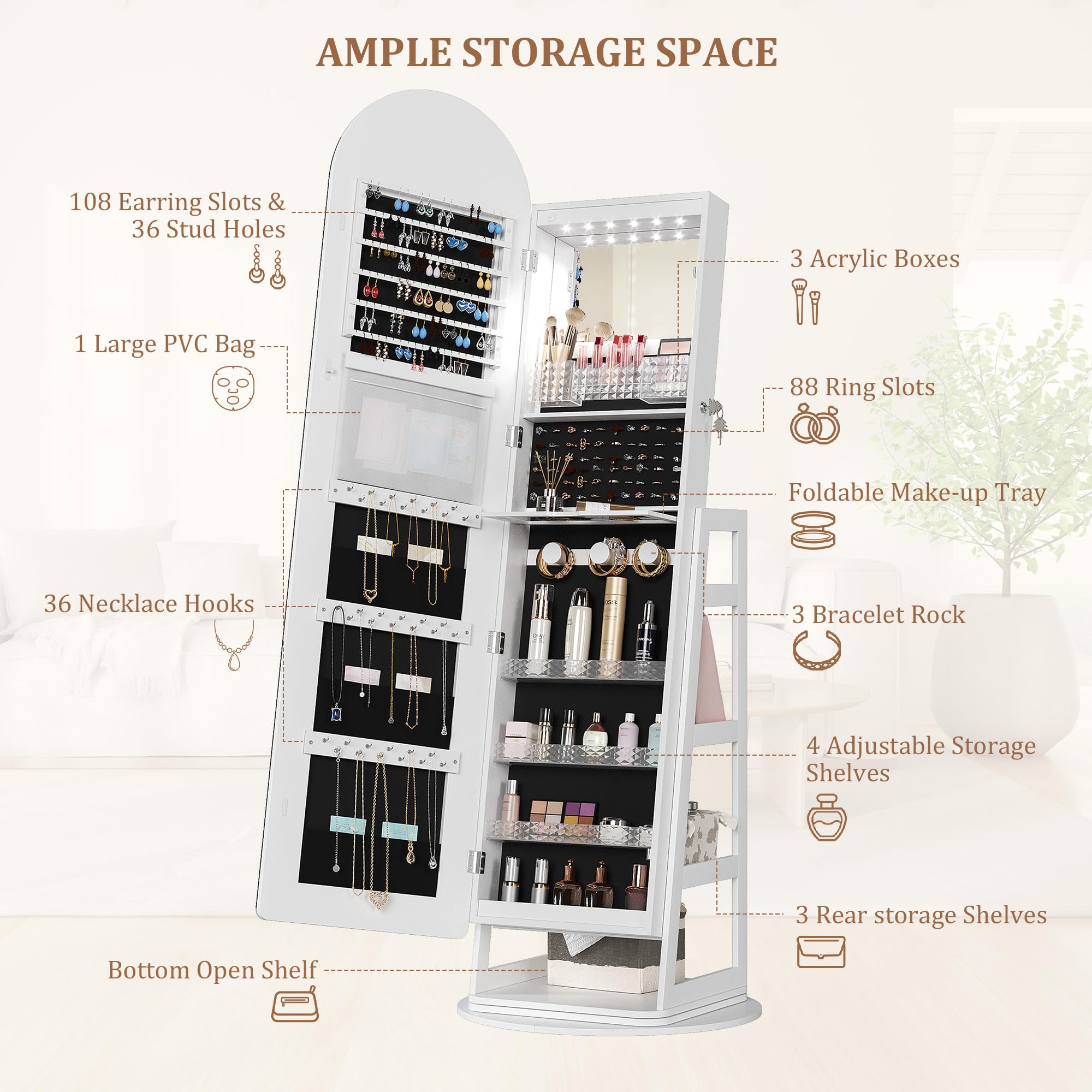 LED Mirror Jewelry Cabinet Standing Lockable Armoire