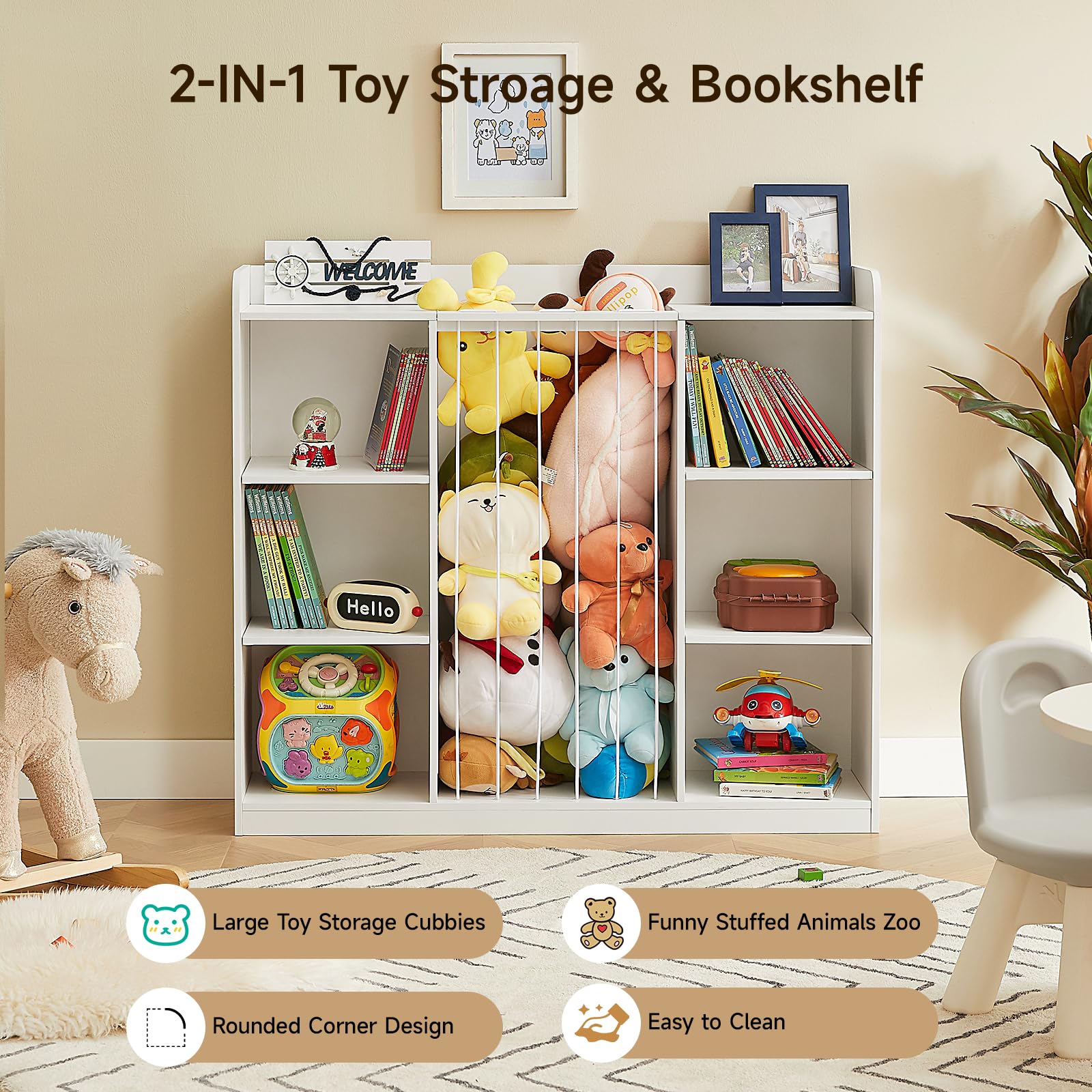 Toy Storage Organizer with Stuffed Animal Zoo Net and 8 Cubbies