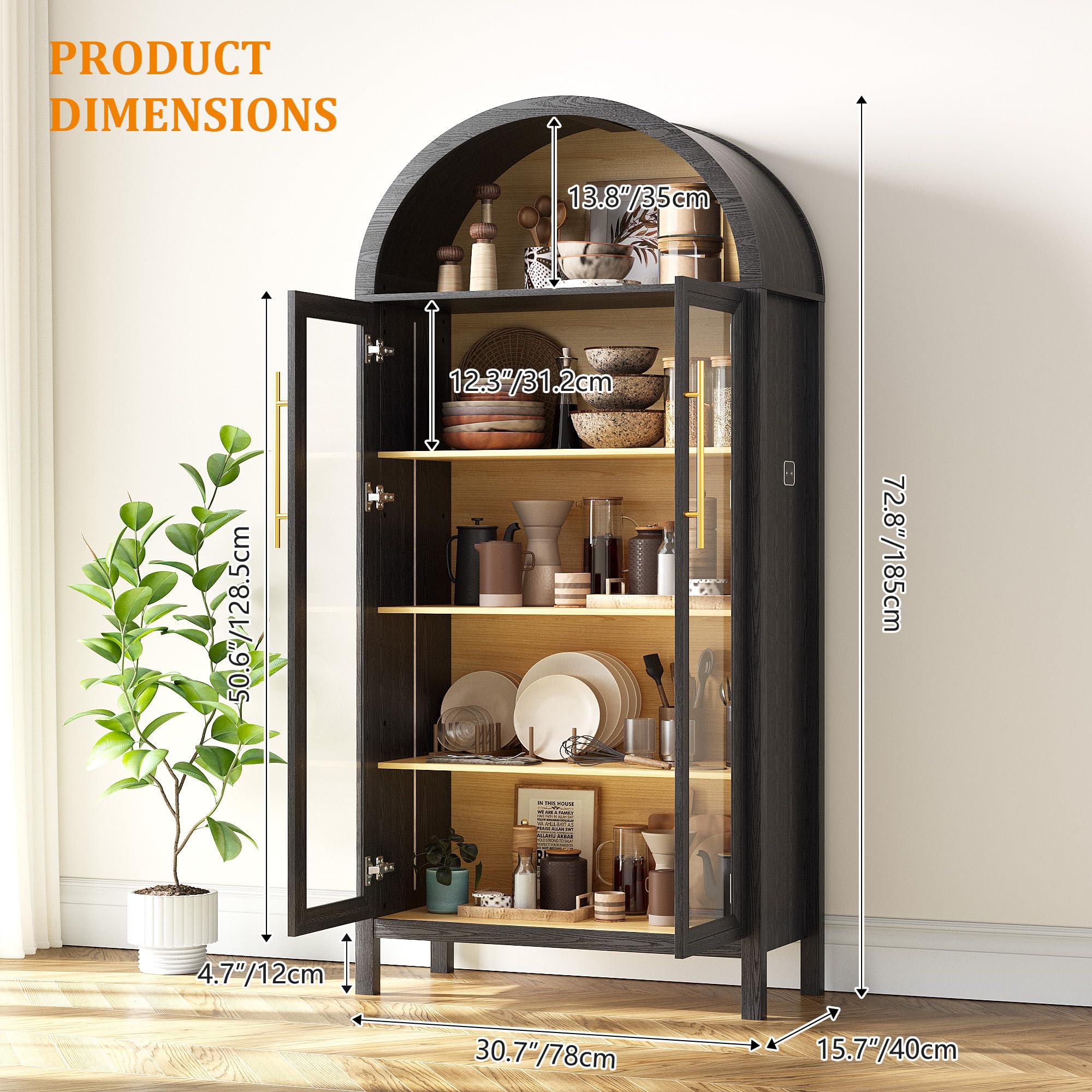Arched Kitchen Pantry Cabinet with Glass Doors and LED Lights