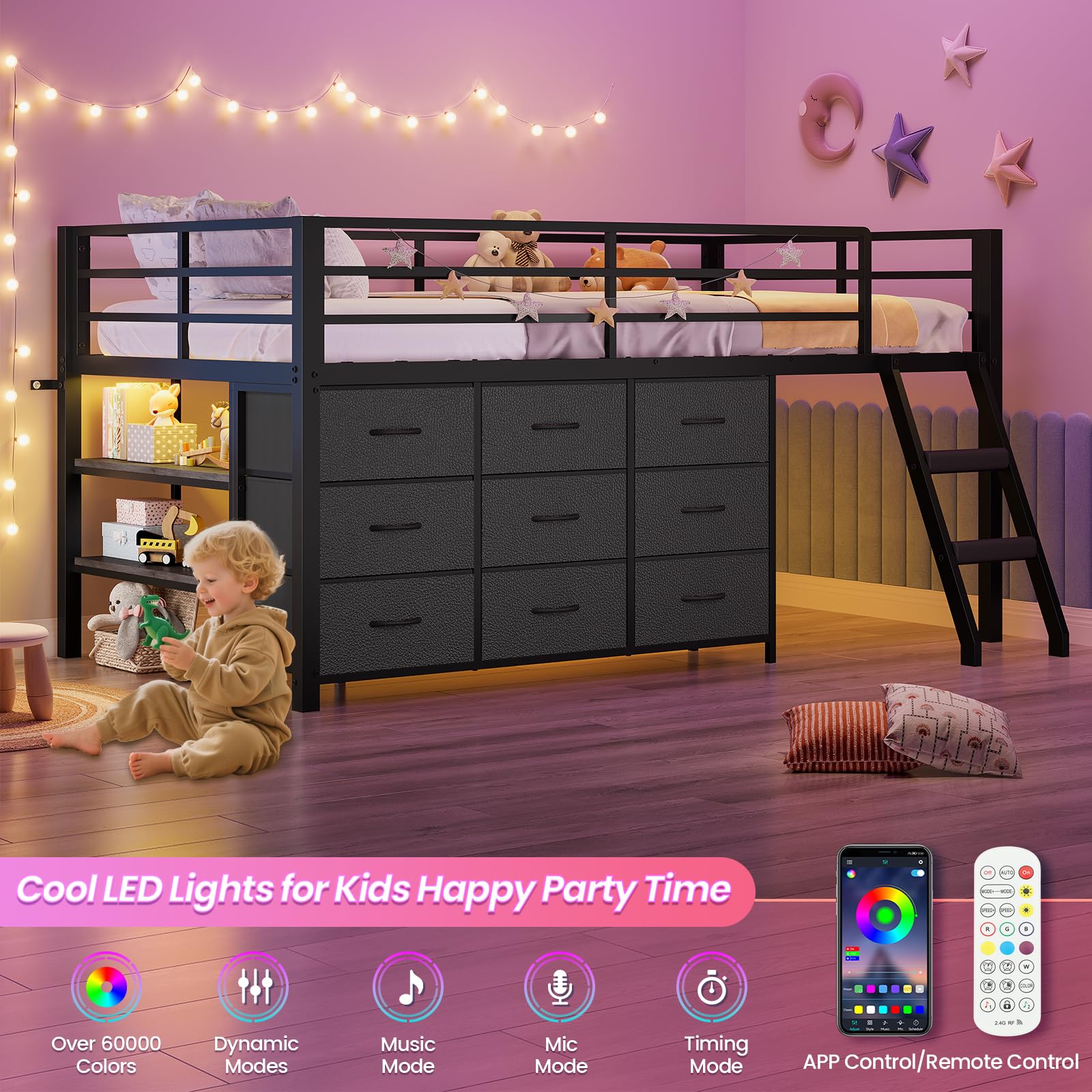 Twin Loft Bed with Storage Dresser and LED Lights