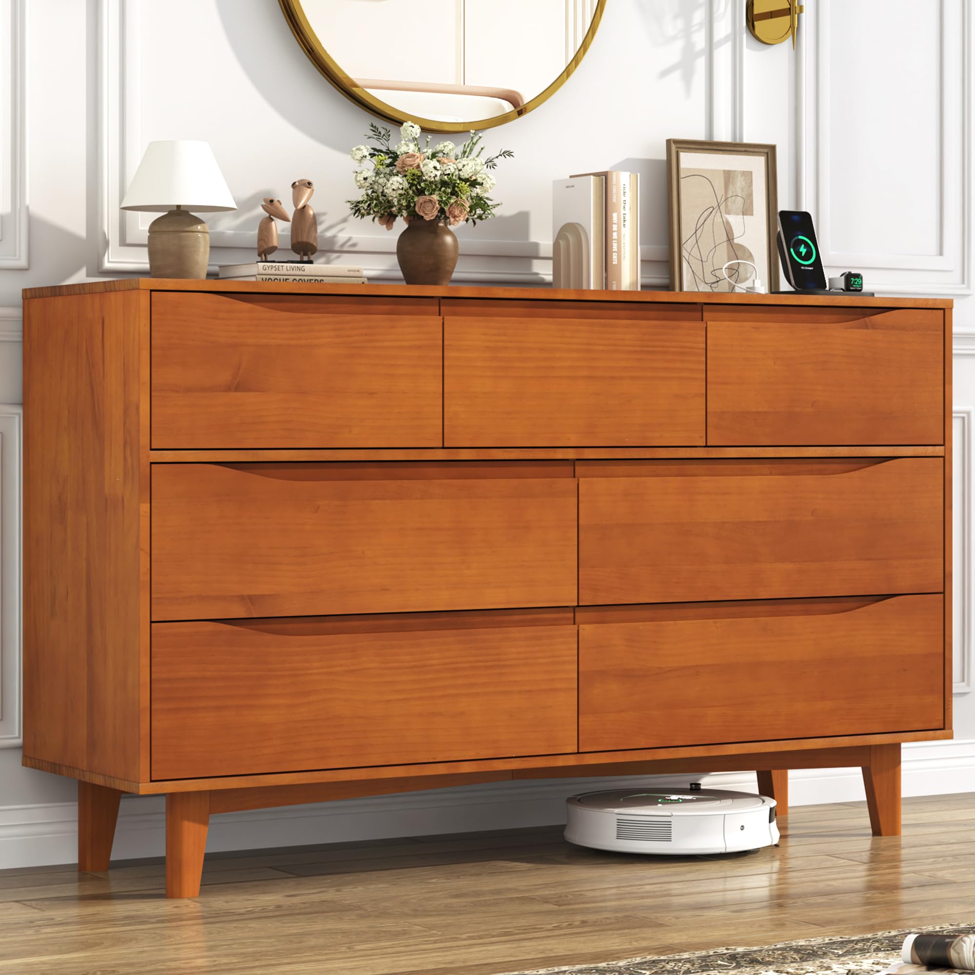 55 Inch Solid Wood 7 Drawer Dresser with Power Outlets