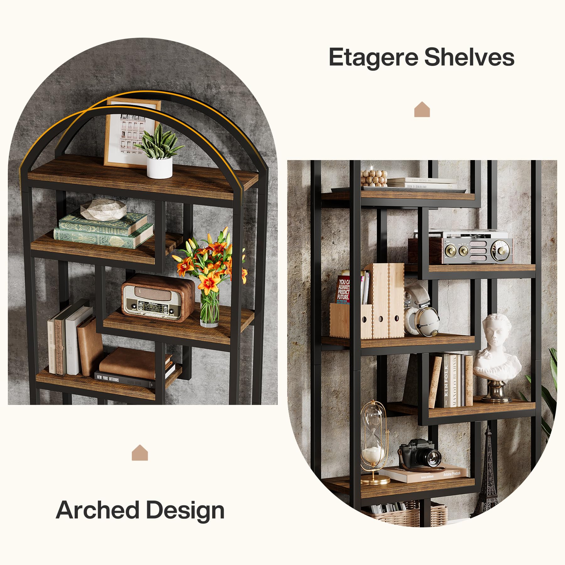 71" Tall Arched Bookshelf Industrial Etagere with Open Display Shelves