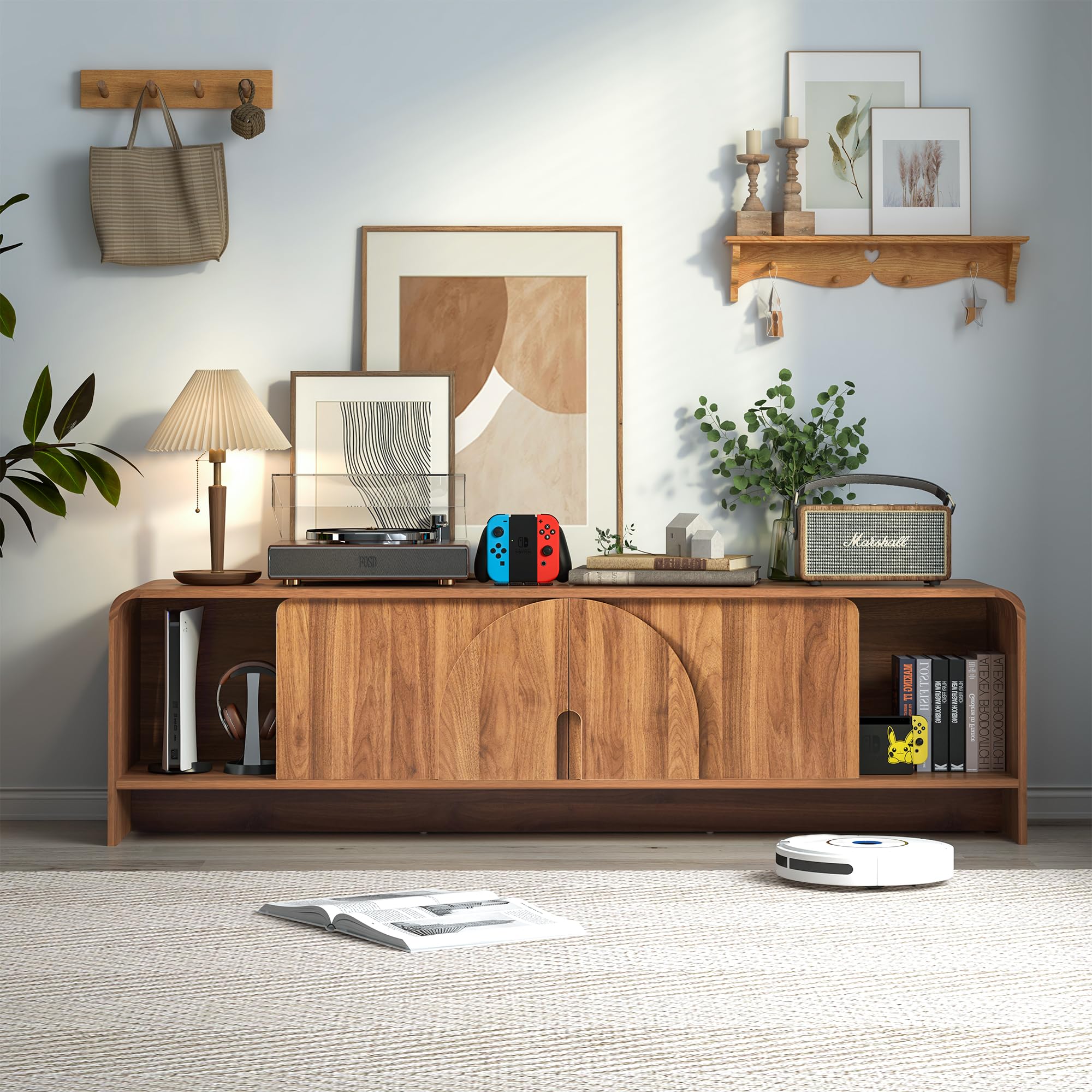 63-Inch TV Stand with Sliding Door and Arched Handles