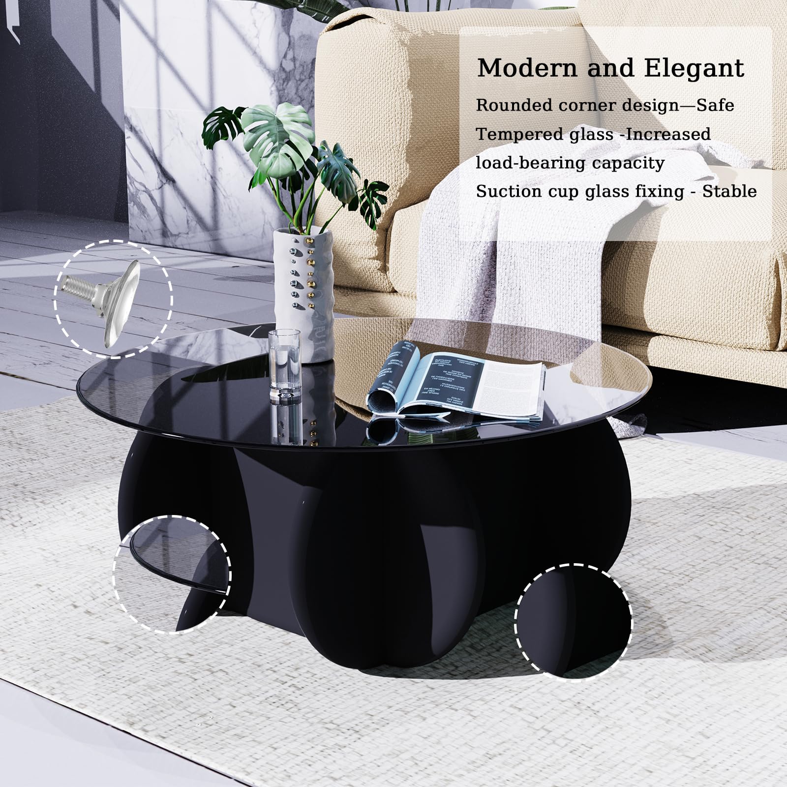 Round Glass Coffee Table with Wood Legs