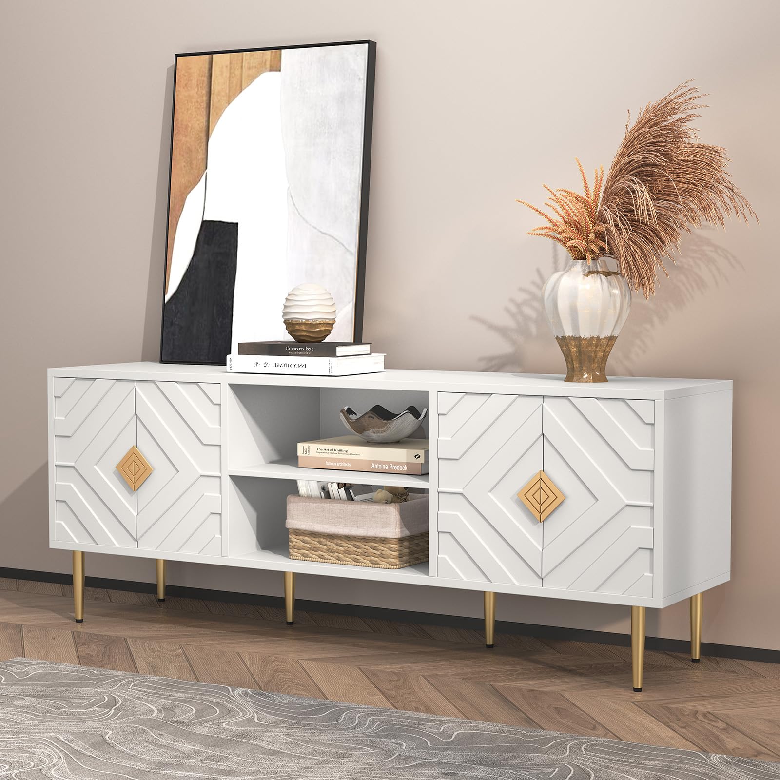 63'' White TV Stand with Storage Cabinets and Embossed Doors