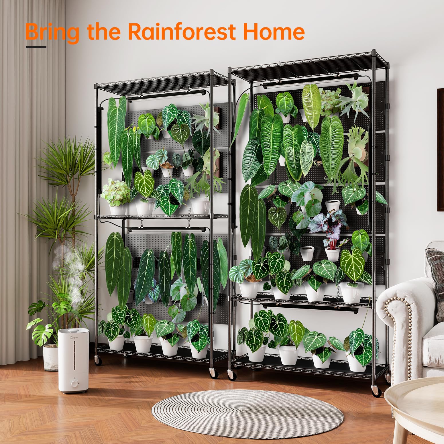 3-Tier Plant Shelf with Grow Lights and Pegboard