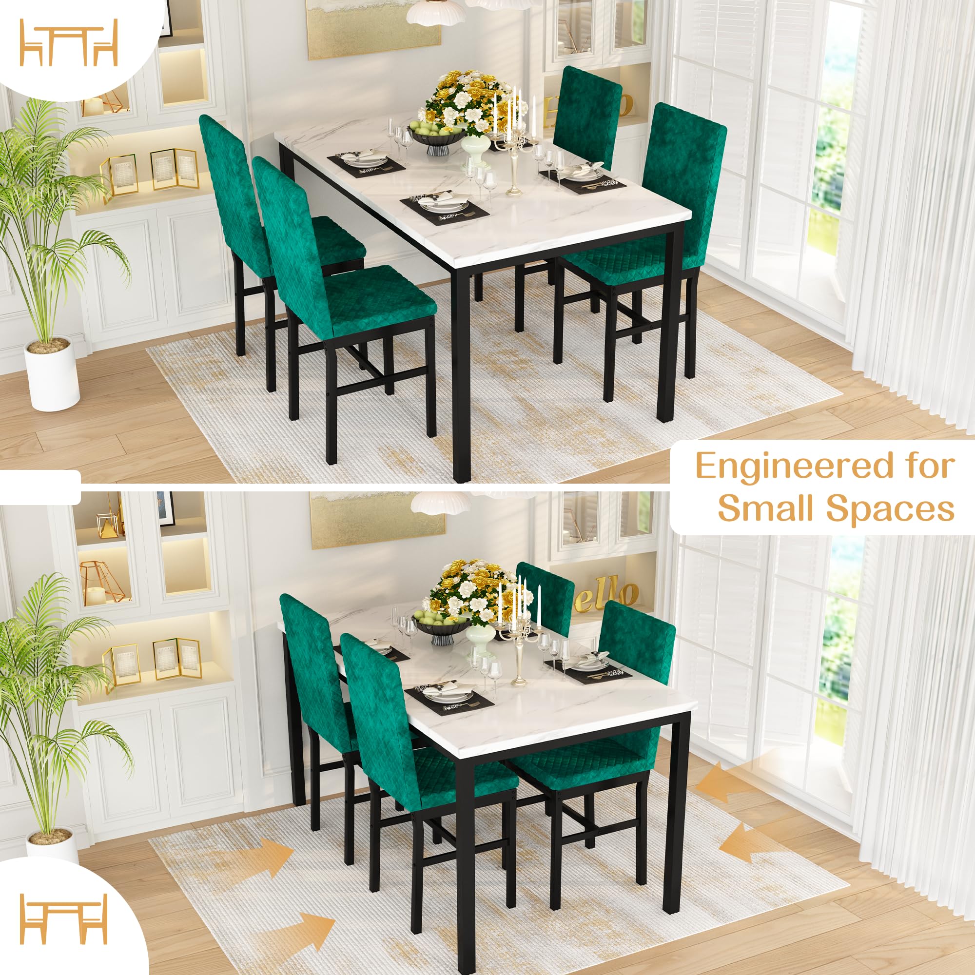 5-Piece Dining Table Set with Faux Marble Top and Velvet Chairs