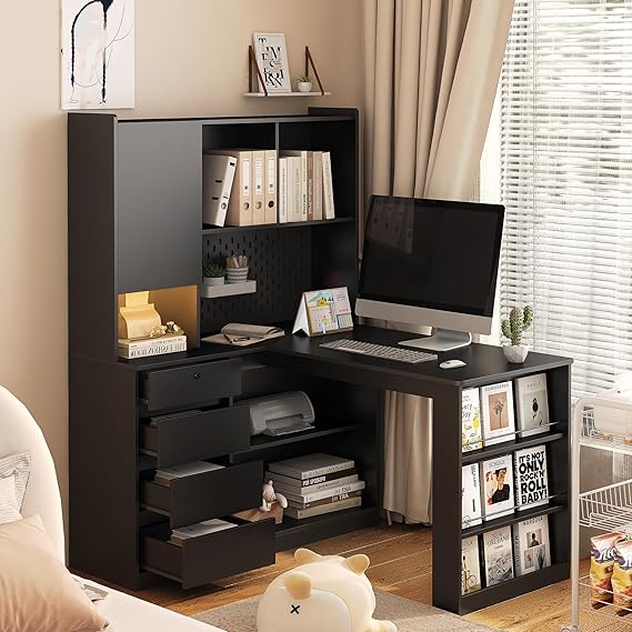 L-Shaped Home Office Desk with Hutch and LED Light