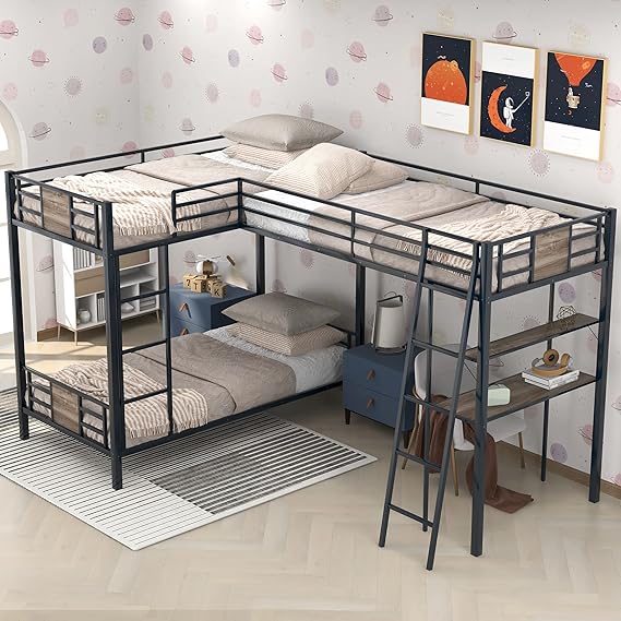 L-Shaped Twin Over Twin Bunk Bed with Loft Desk and Shelf