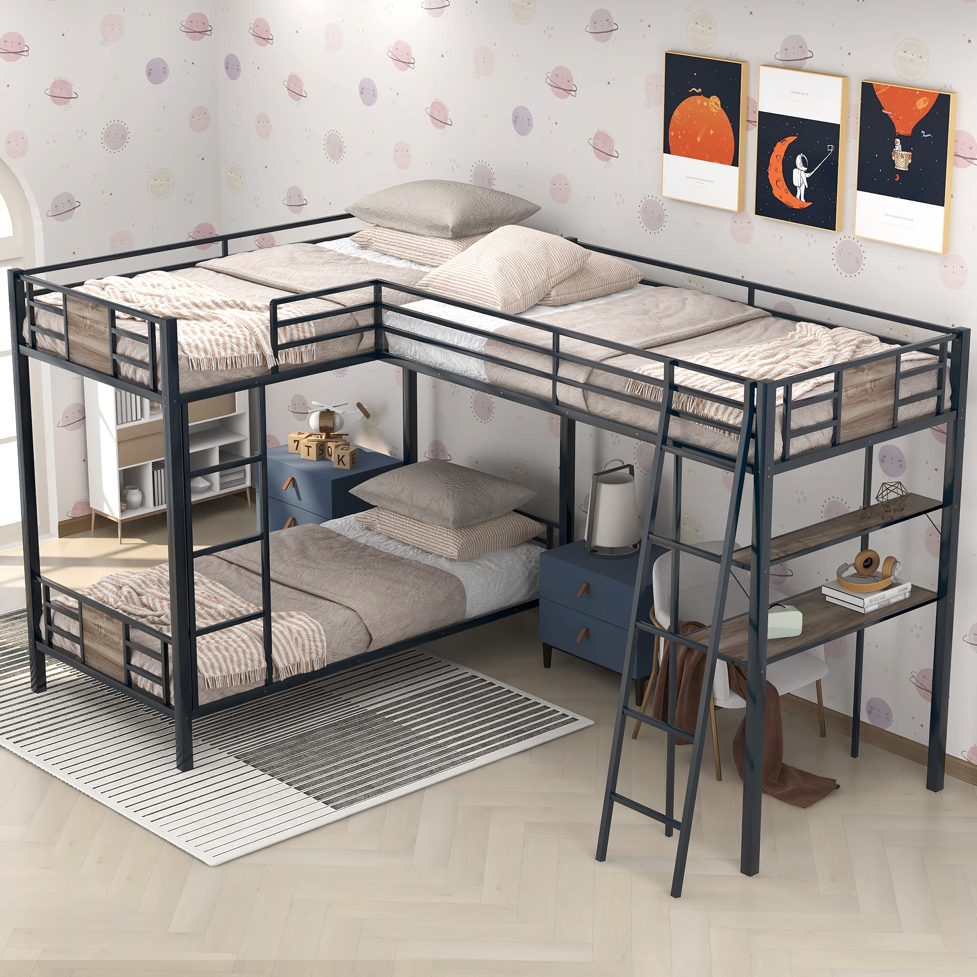 L-Shaped Twin Over Twin Bunk Bed with Loft Desk and Shelf