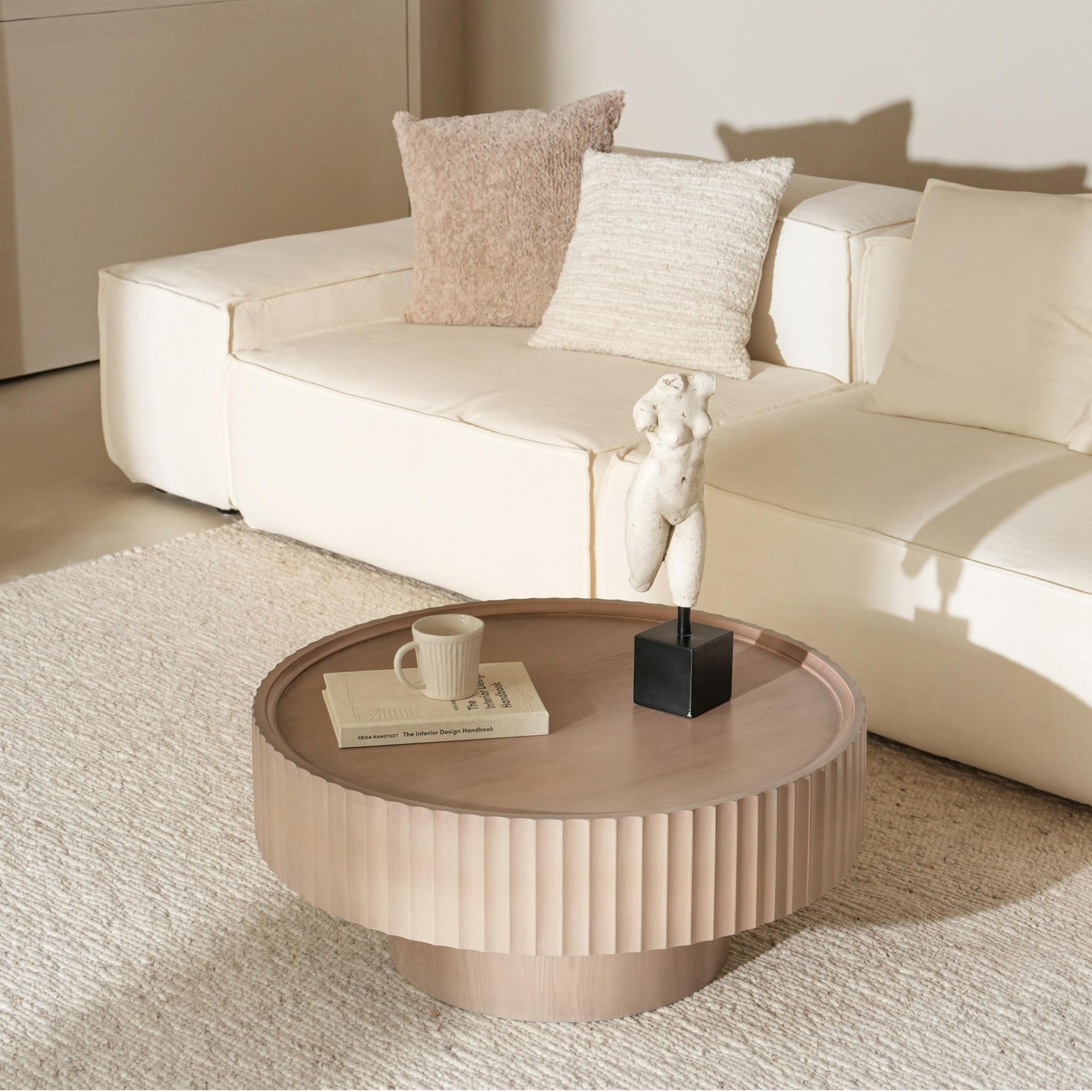 FAME HOME Round Coffee Table, 30.3” Fluted Drum Modern Living Room Table, Circle Wood Gray Center Tables with Storage, Accent Mushroom Shape Coffee Tables for Living Room, Apartment(30.3''L×13.7''H)