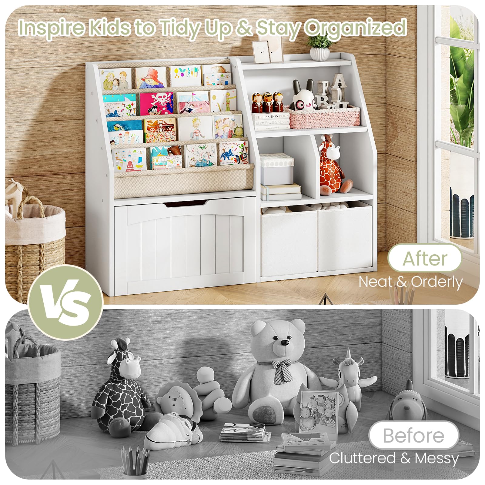 Kids Bookshelf with Toy Storage and Fabric Baskets