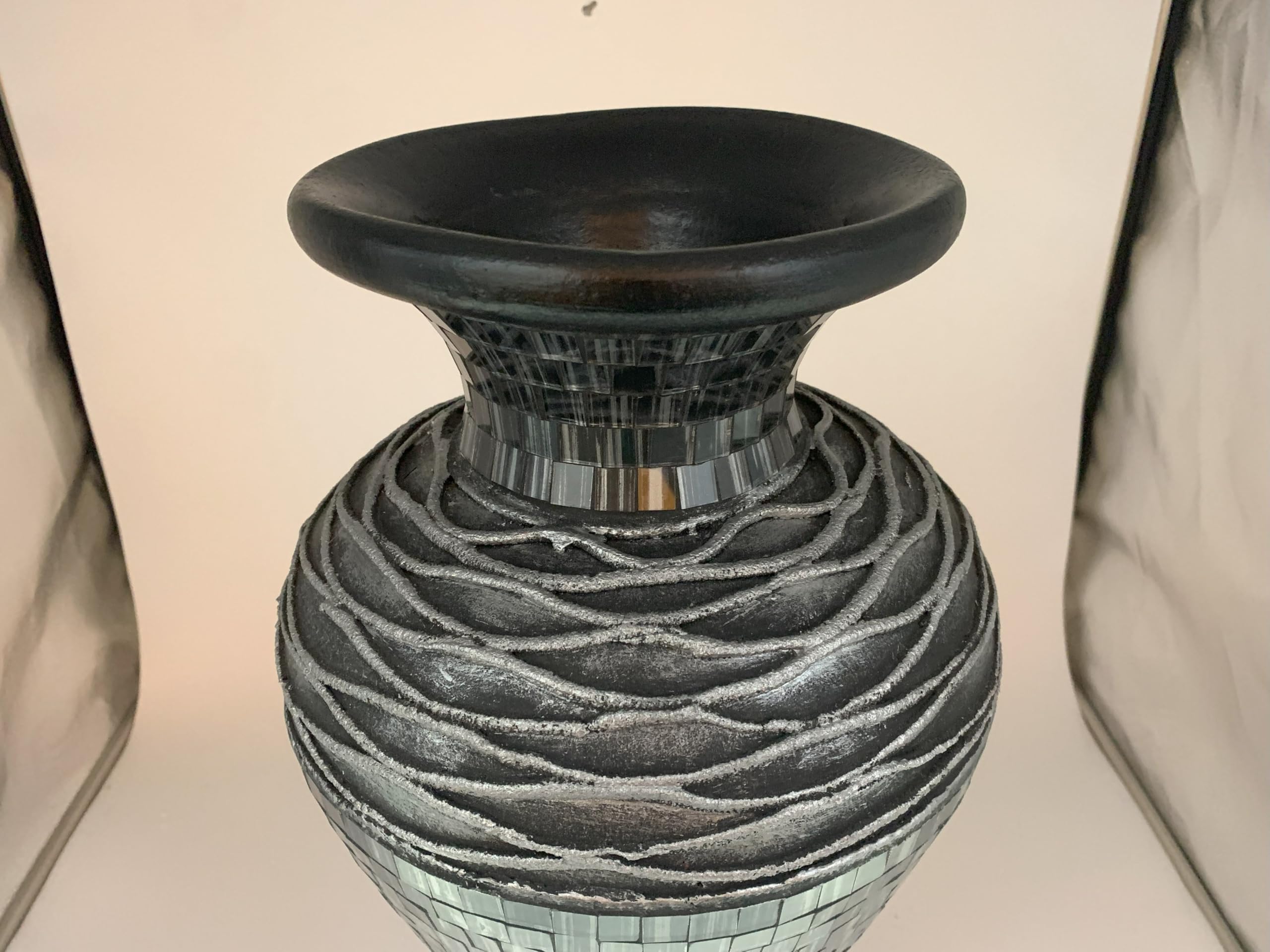 24 Inch Mosaic Floor Vase - Terracotta Cylinder with Grey and Black Glass