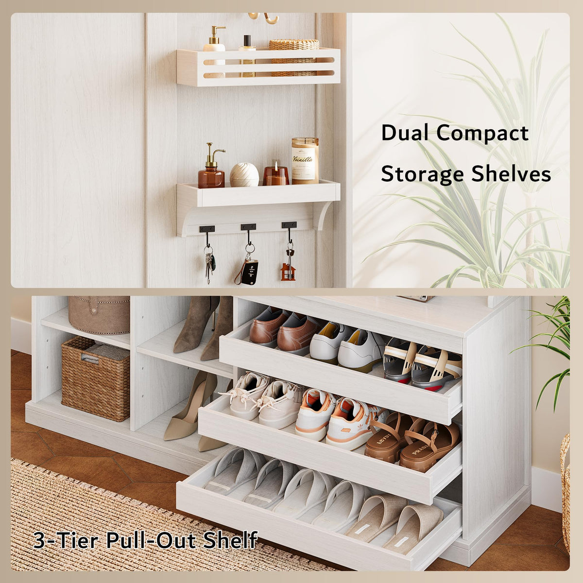 70" Hall Tree with Bench and Adjustable Shoe Storage