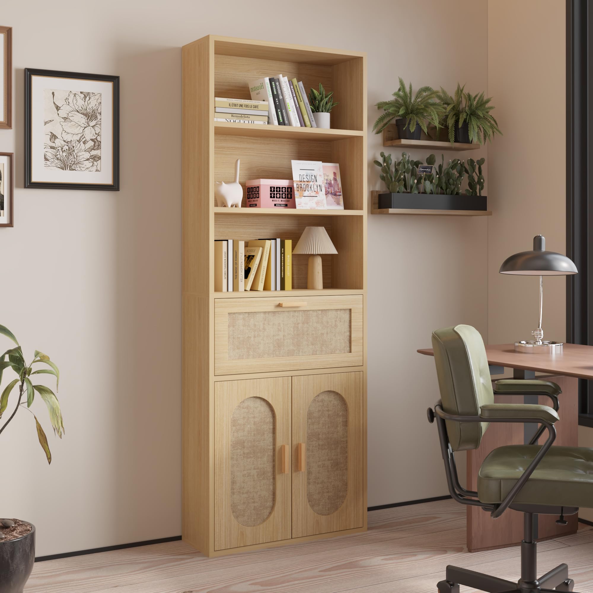 Tall Rattan Door Bookcase with Drawer