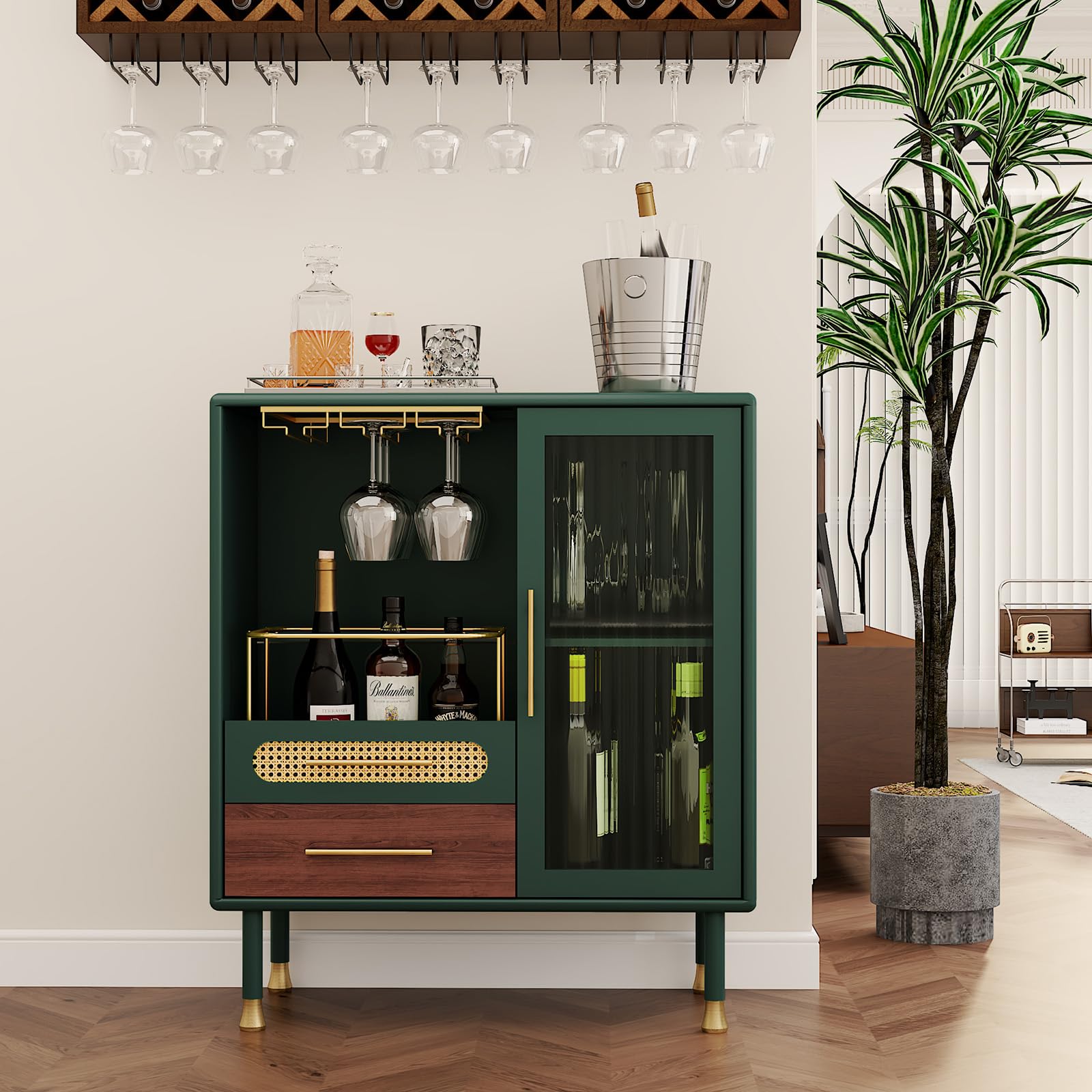 Modern Coffee Bar Cabinet with Wine Glass Rack and Drawers