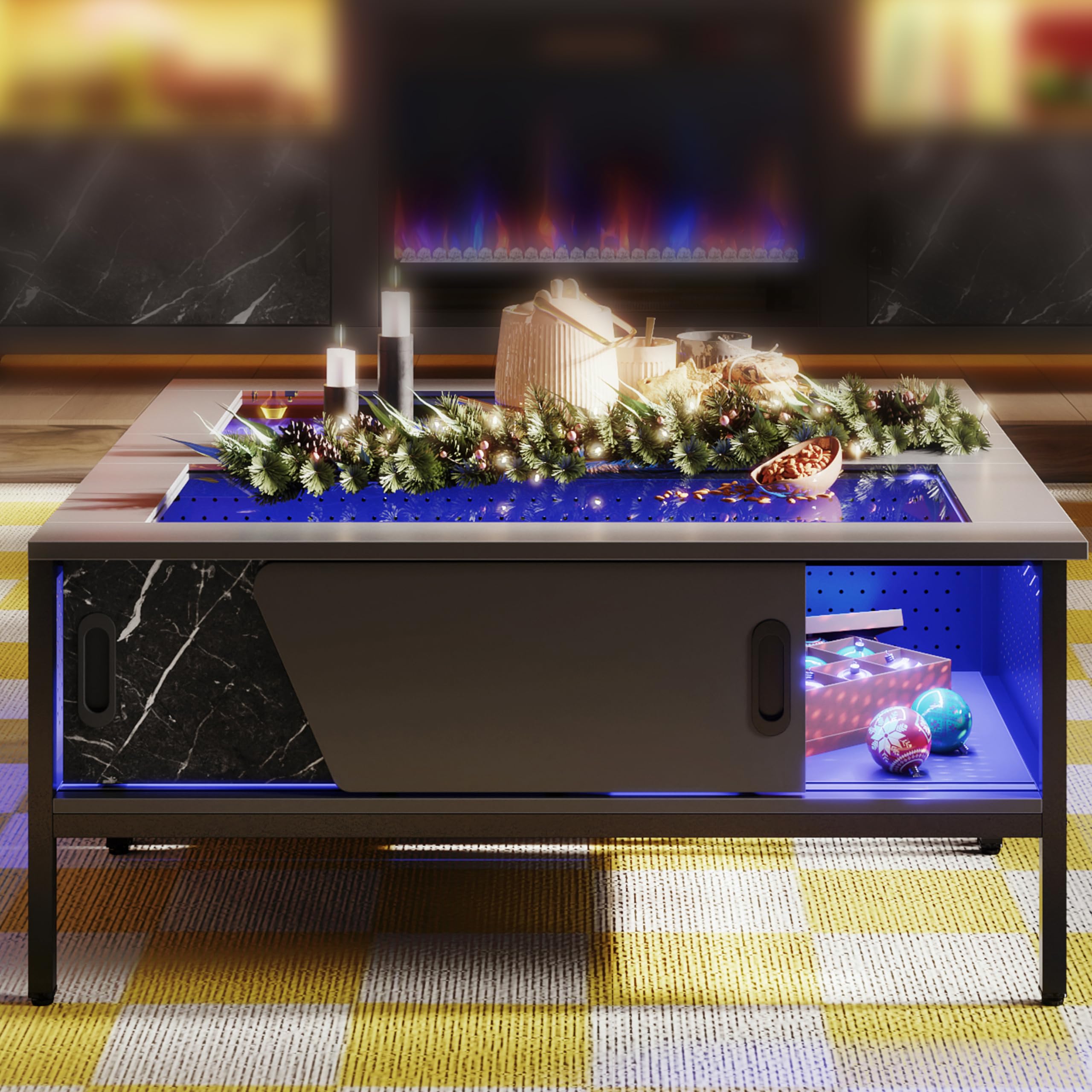 42 Inch LED Coffee Table with Storage and Glass Top