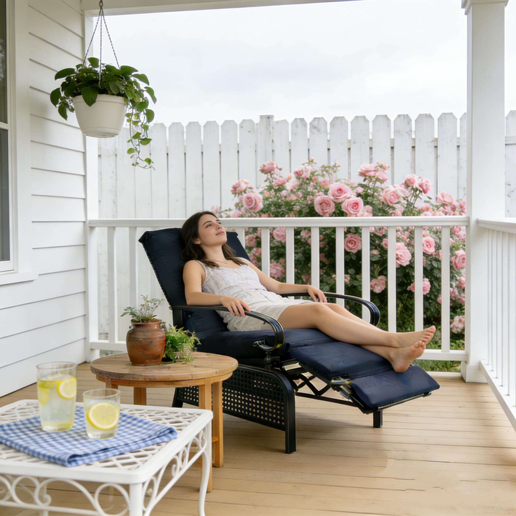 Adjustable Outdoor Reclining Lounge Chair with Cushioned Patio Chaise