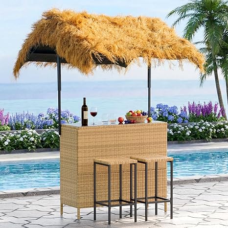 Outdoor Tiki Bar Set with 2 Stools
