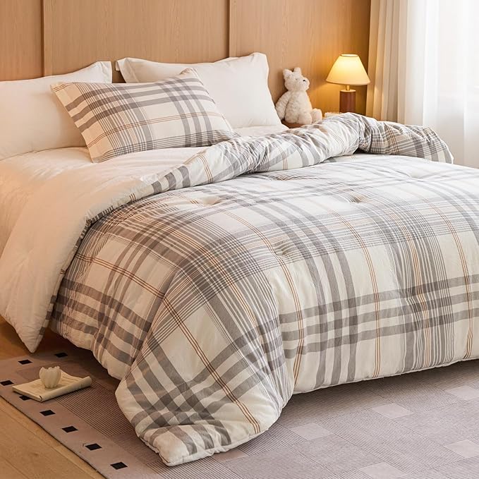 3-Piece Queen Cotton Comforter Set Grey White Plaid