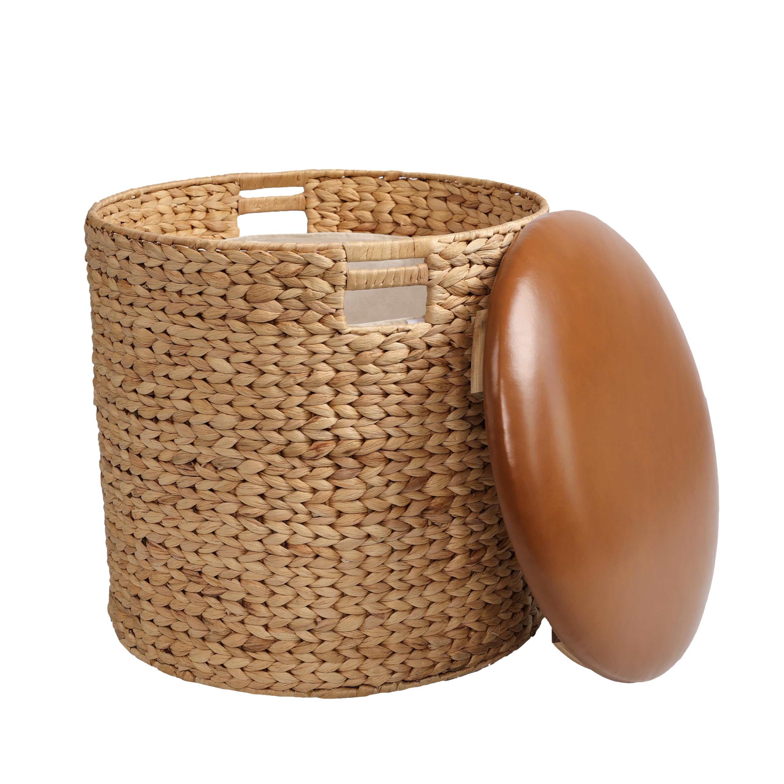 Water Hyacinth Storage Ottoman with Faux Leather Lid