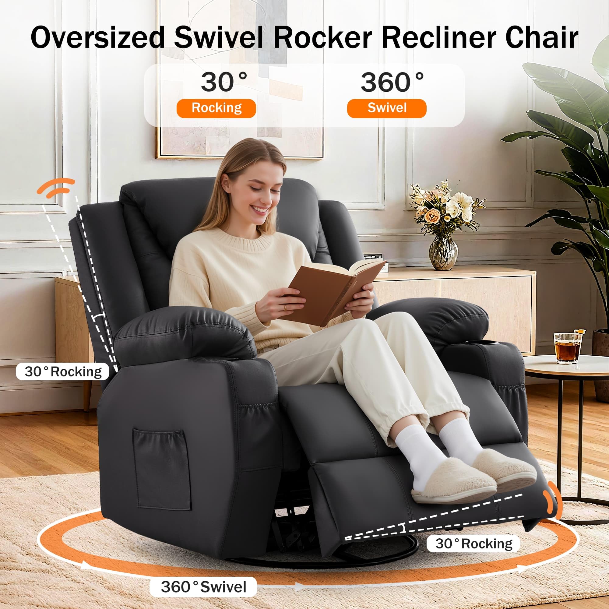 Oversized Swivel Recliner Chair with Heat and Massage
