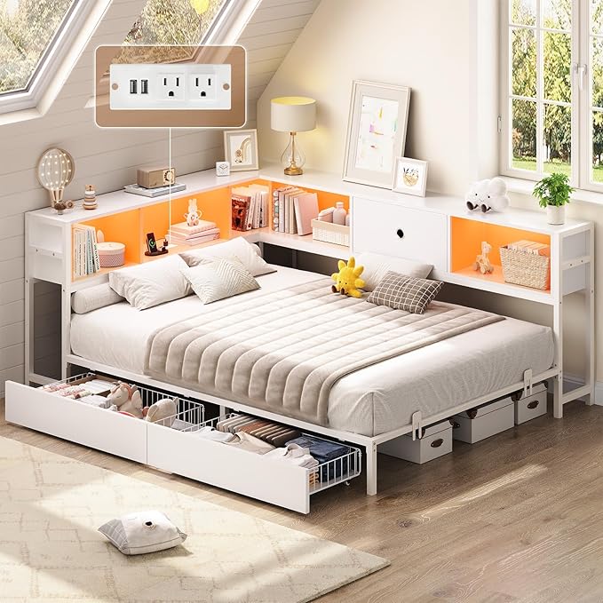 Full Corner Bed Frame with Storage Drawers and Bookcase Headboard
