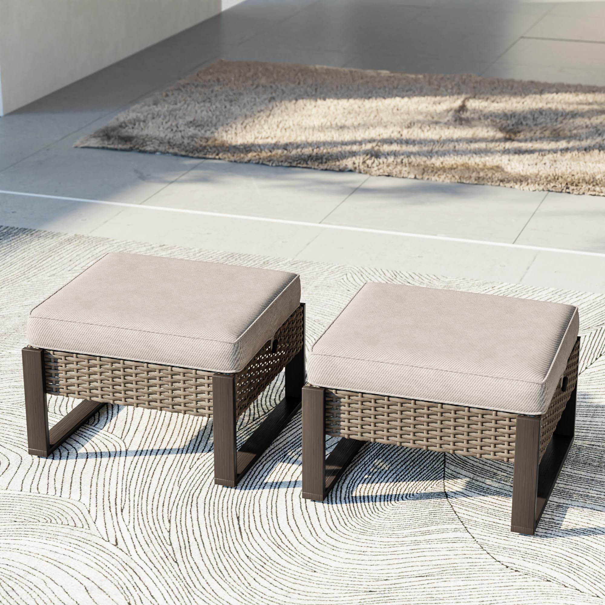 Outdoor Wicker Patio Ottomans Set of 2 with Cushions