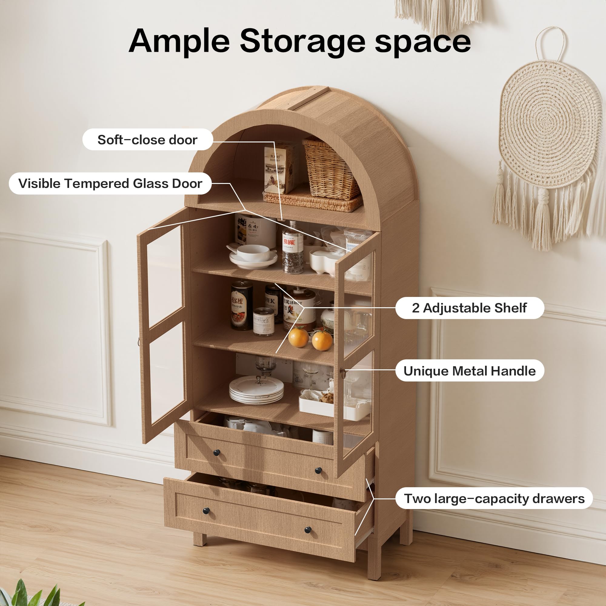 Arched Kitchen Pantry Cabinet with Glass Doors