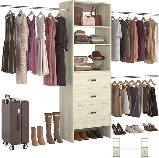 Walk-In Closet Organizer System with Hanging Rods and Drawers