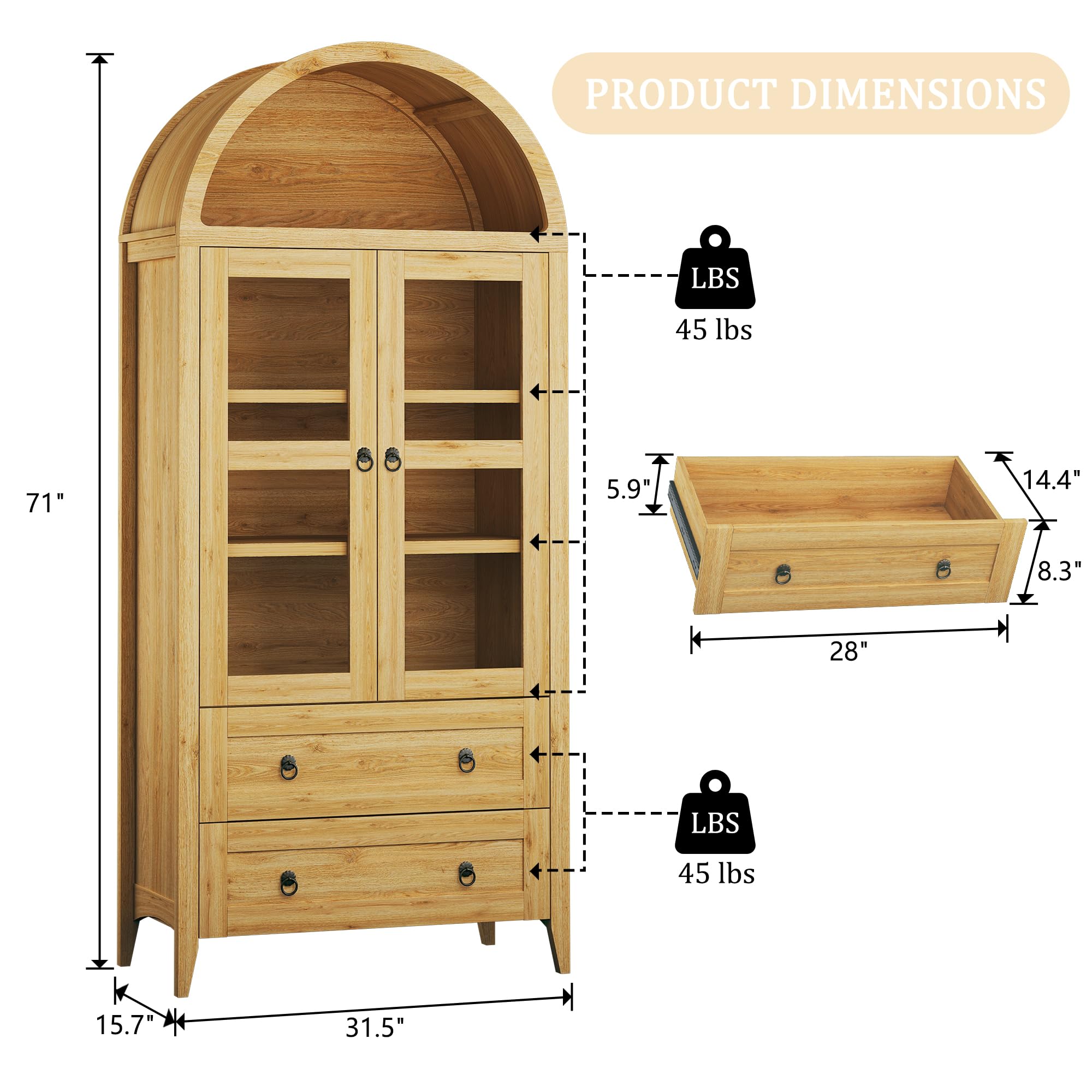 Arched Pantry Cabinet with Glass Doors