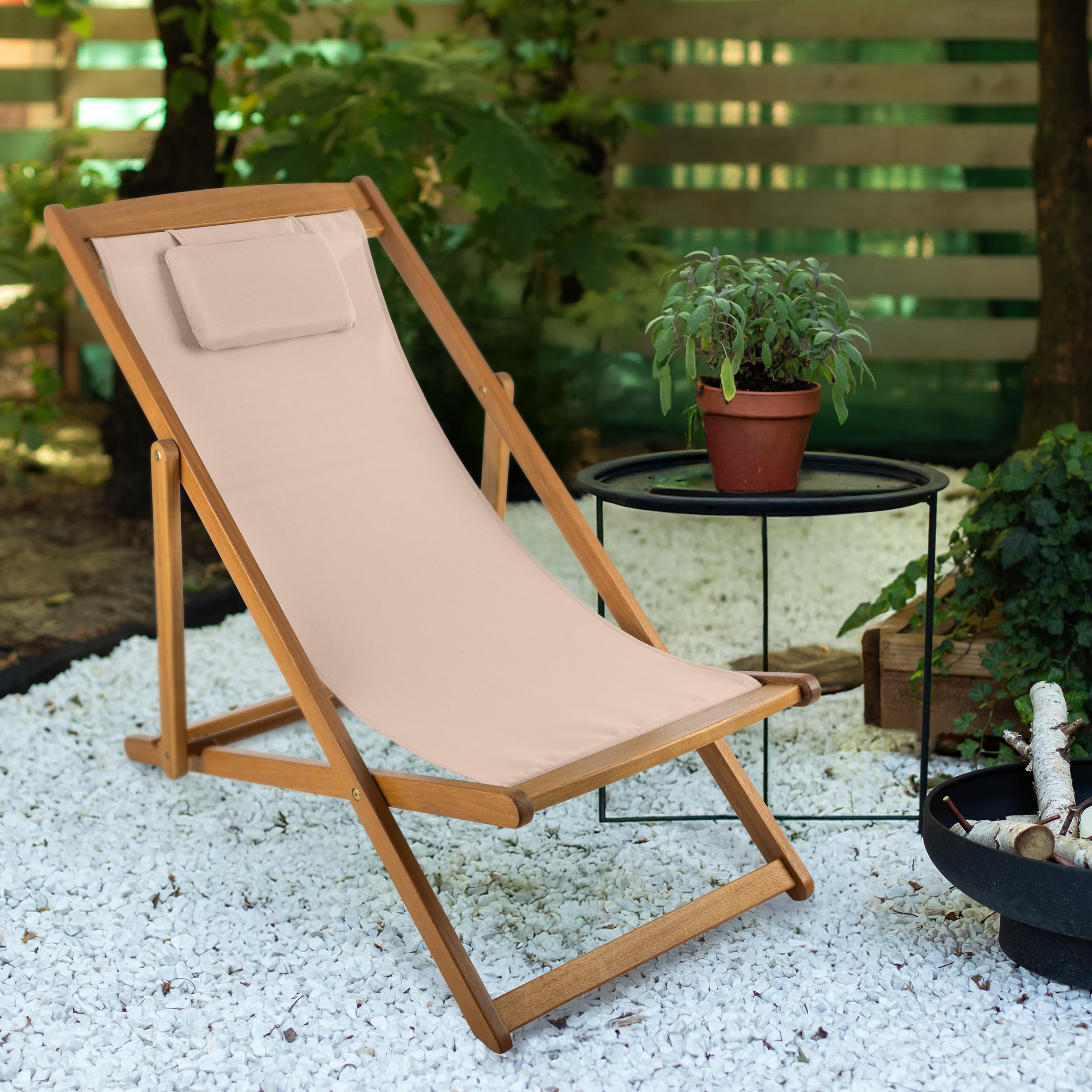 Adjustable Reclining Beach Lounge Chair - Portable Folding Wood Sling Chair
