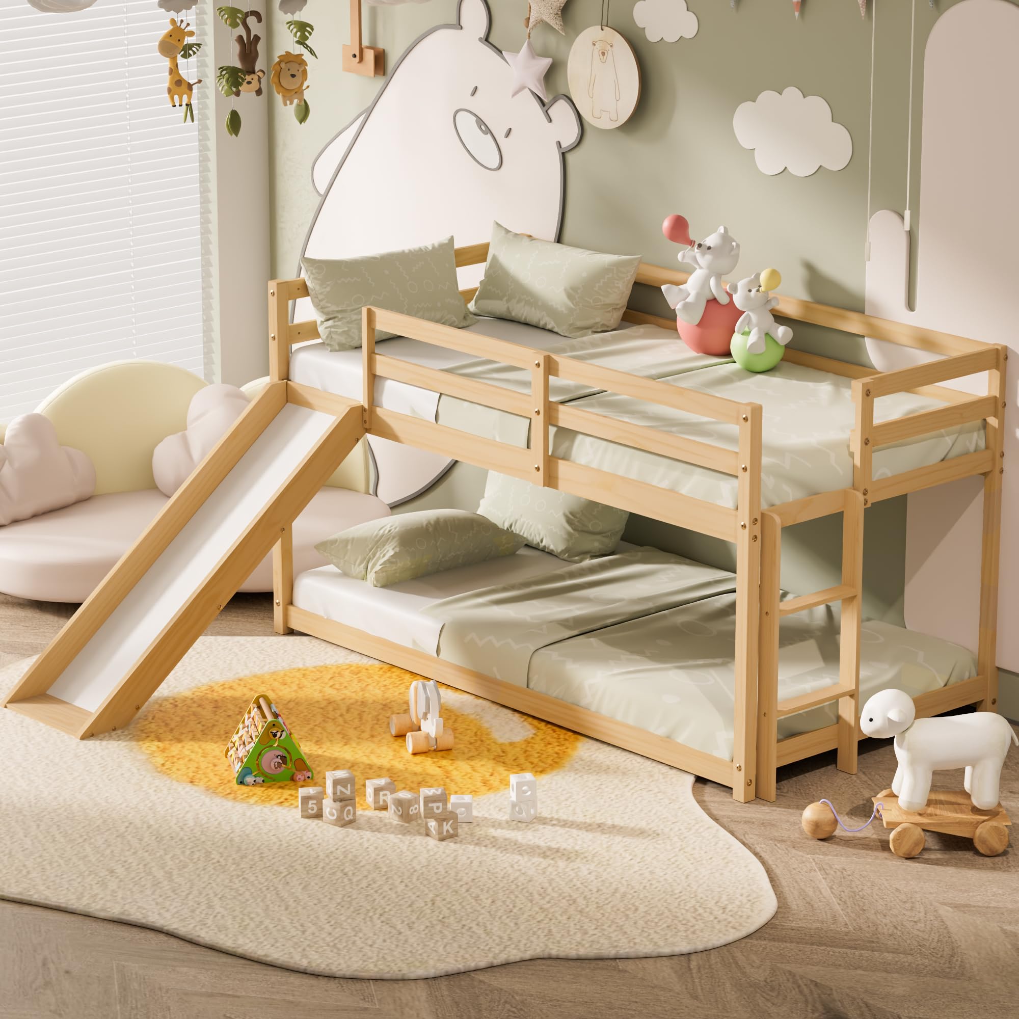 Twin Low Loft Bed with Slide and Ladder