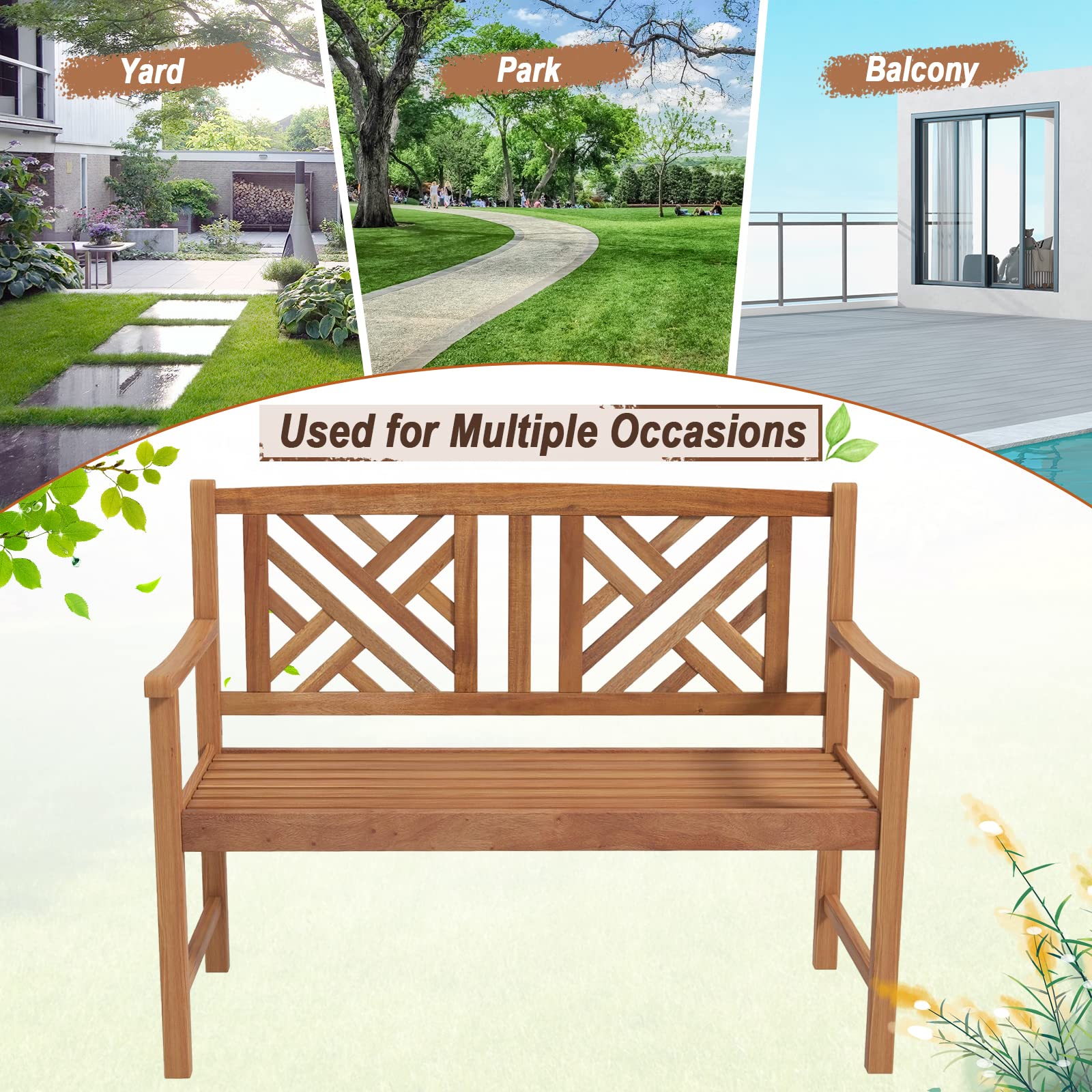 Acacia Wood Garden Bench 2-Person Loveseat with Armrests