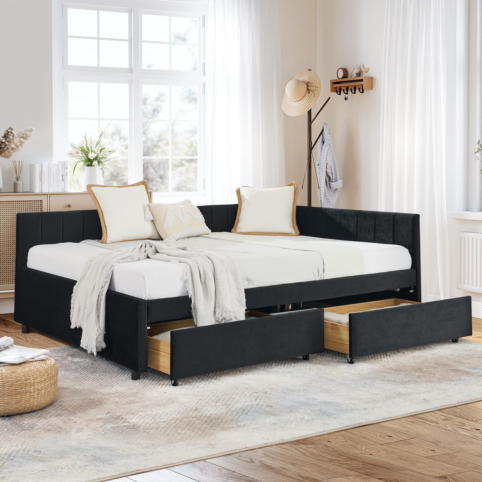 Full Daybed with Storage Drawers and Tufted Velvet Upholstery