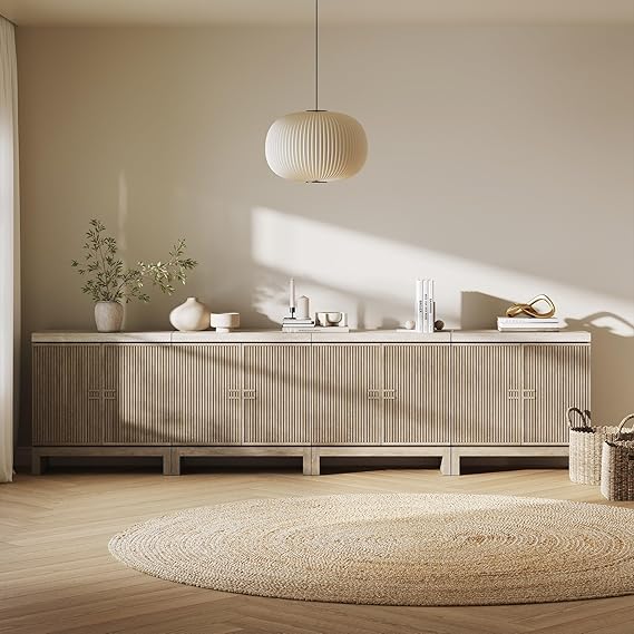 Travertine Sideboard Buffet Cabinet with Fluted Doors